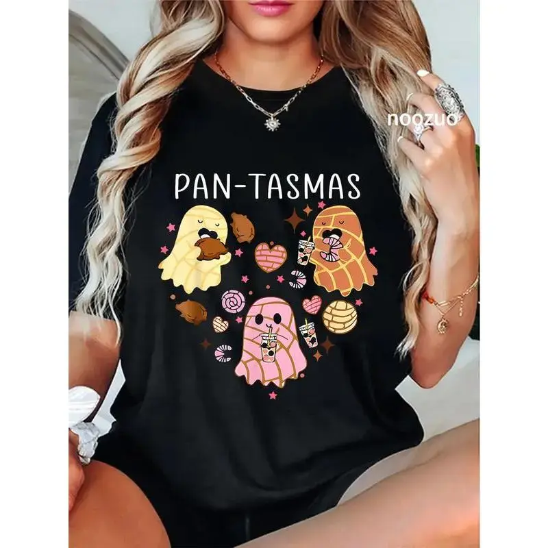 Women's 100% Cotton Short-Sleeve Graphic Streetwear T-Shirt - Spooky Pan de Muerto Ghost Conchas Mexican Halloween Print, Crew Neck Casual Black All-Seasons Top, Machine Washable