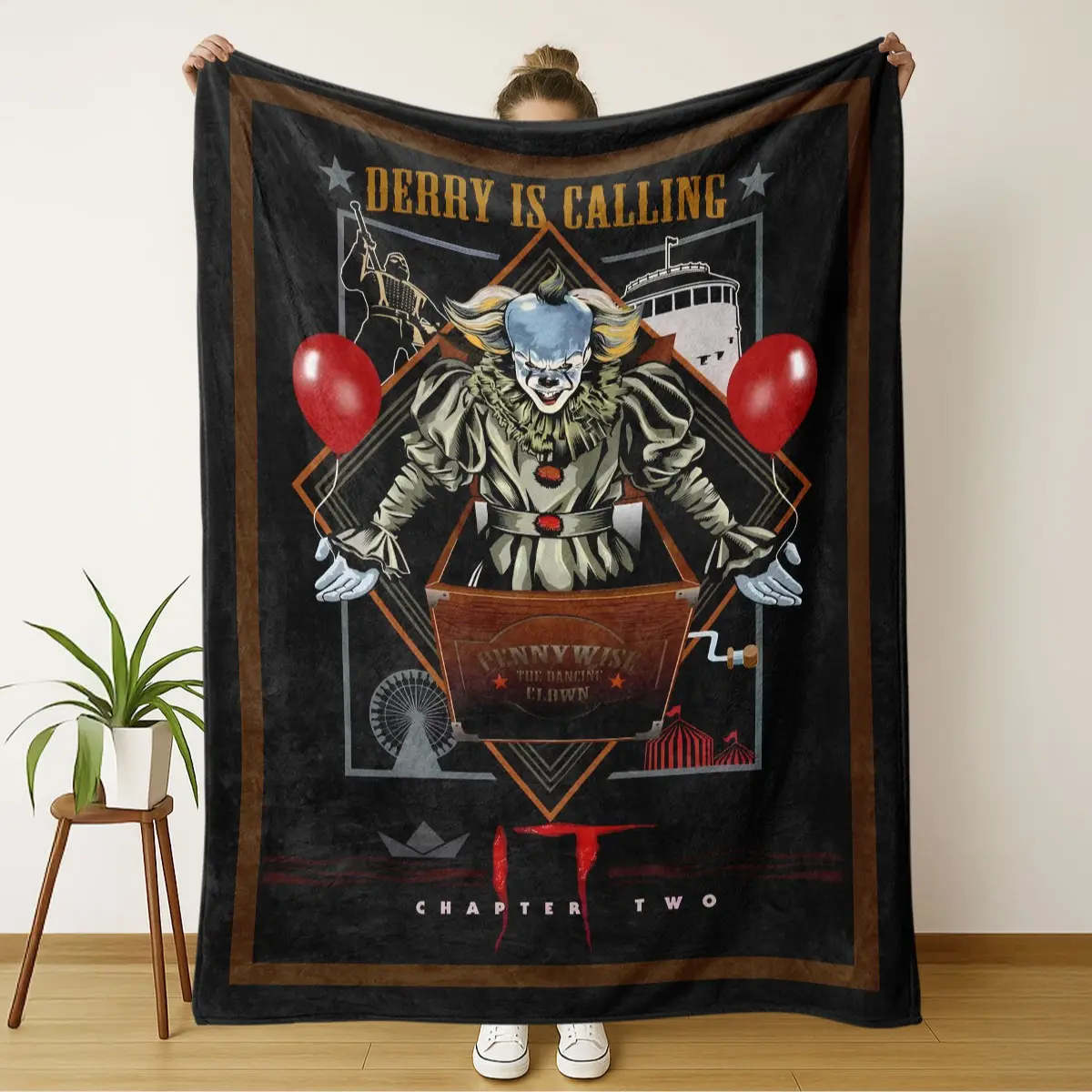 Pennywise Retro Poster Flannel Blanket, Horror Movie Fan Bedroom Cover, Late Night Viewing Throw, Dark Theme Bedroom Decor