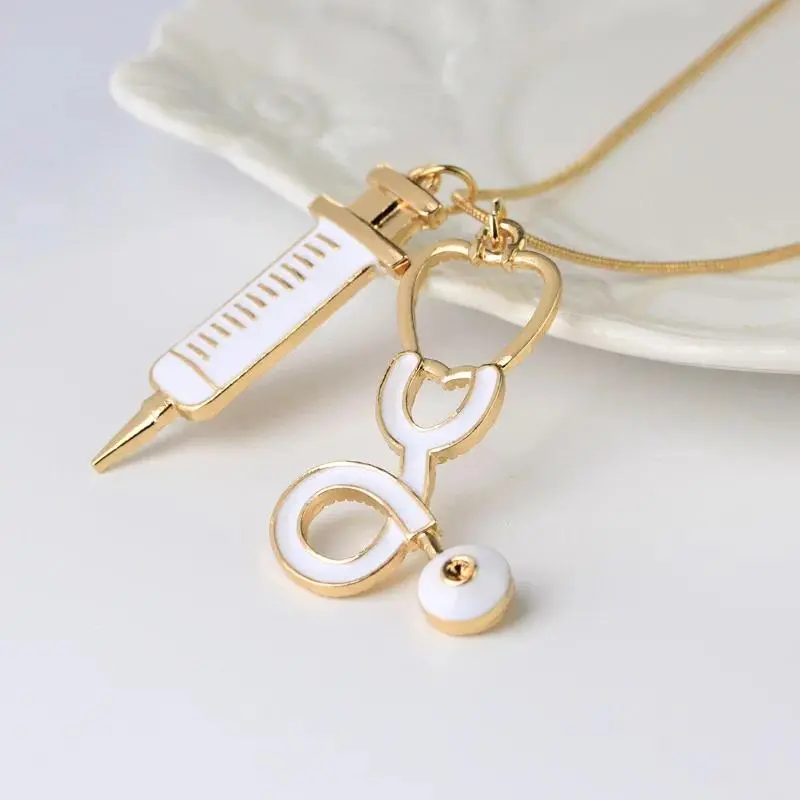 Doctor Medical Stethoscope Syringe Necklace Women Nurses Fashion Jewelry Snake Chain Needle Metal Pendant Necklaces