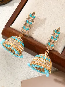 Indian Ethnic Birdcage Bell Jhumka Earrings, Heavy Rhinestone Beaded Long Fringe, Vintage Hollow Out Courtly Ear Jewelry, Bohemian Gift