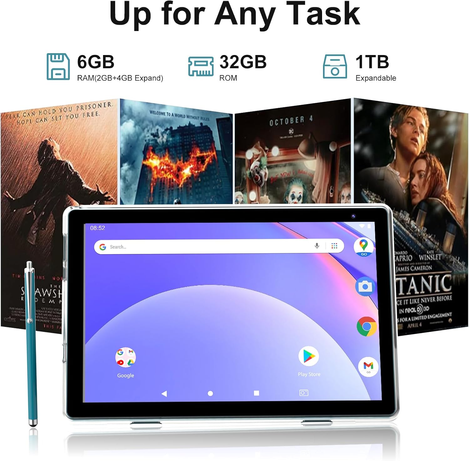 Android 15 Tablet 6GB RAM 32GB ROM with Case and Stylus 10.1 IPS HD Screen 6000mAh Battery 2MP 8MP Camera WiFi BT Navy