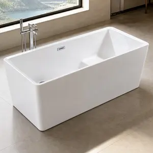 ARCH 43-Inch Acrylic Freestanding Soaking Bathtub with Built-In Seat, Gloss White Rectangle Contemporary Spa Tub, Left Drain, Chrome Overflow & Pop-Up Drain, Compact 27.6"W x 43.3"D x 24.8"H for Small Bathroom, Easy Install, CE & CUPC Certified