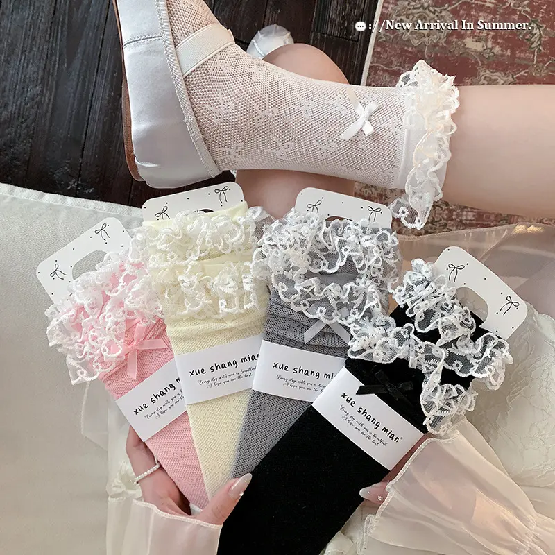 Women's Ballet-Style Lace Ruffle Scrunch Socks - Spring Summer Thin Casual Wear Calf Socks with Sweet Bow Decor