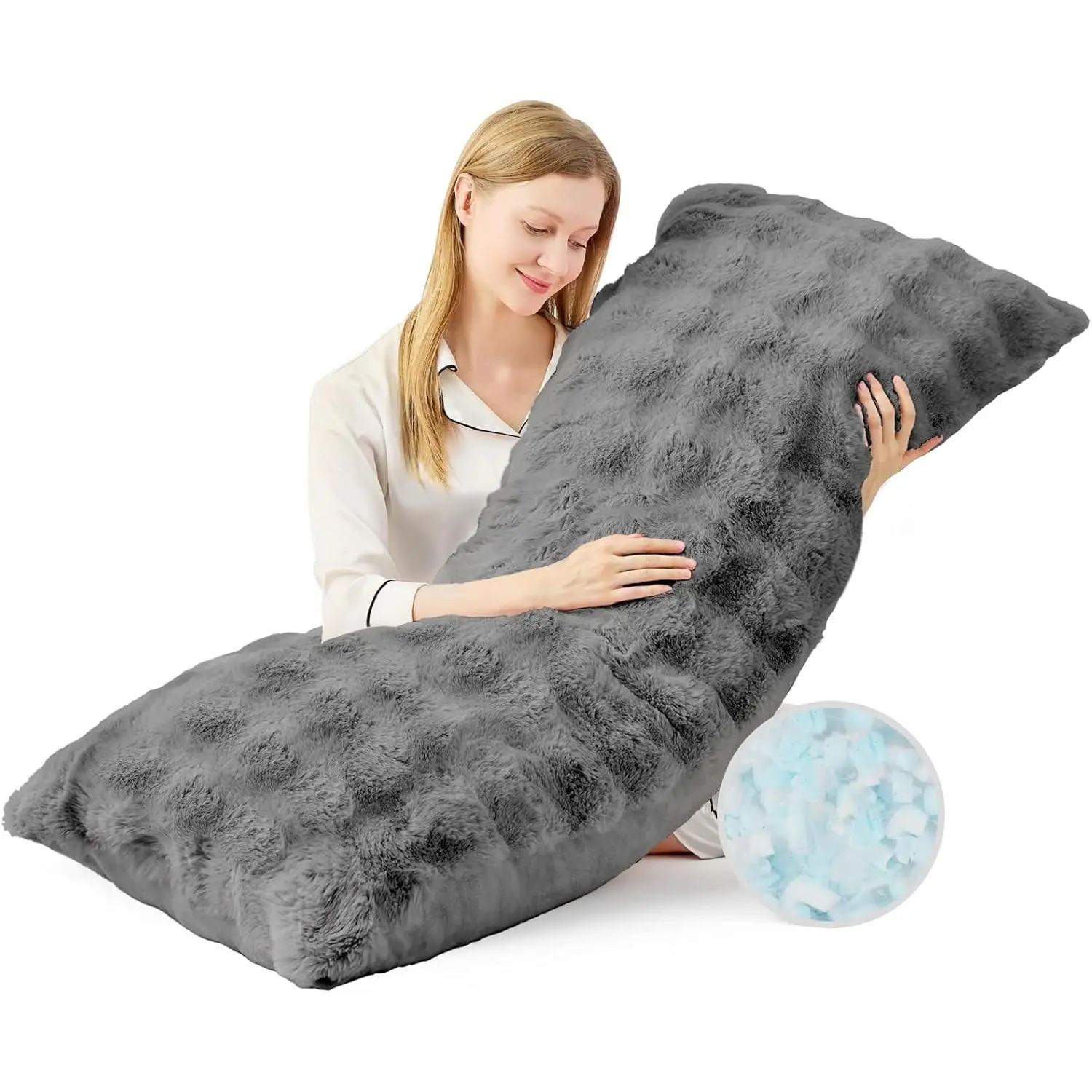 Adult Fluffy Faux Fur Body Pillow, 20x54 in Grey - Firm Shredded Blue Memory Foam Insert, Adjustable Height, Soft Support, Washable Cover for Side Sleepers
