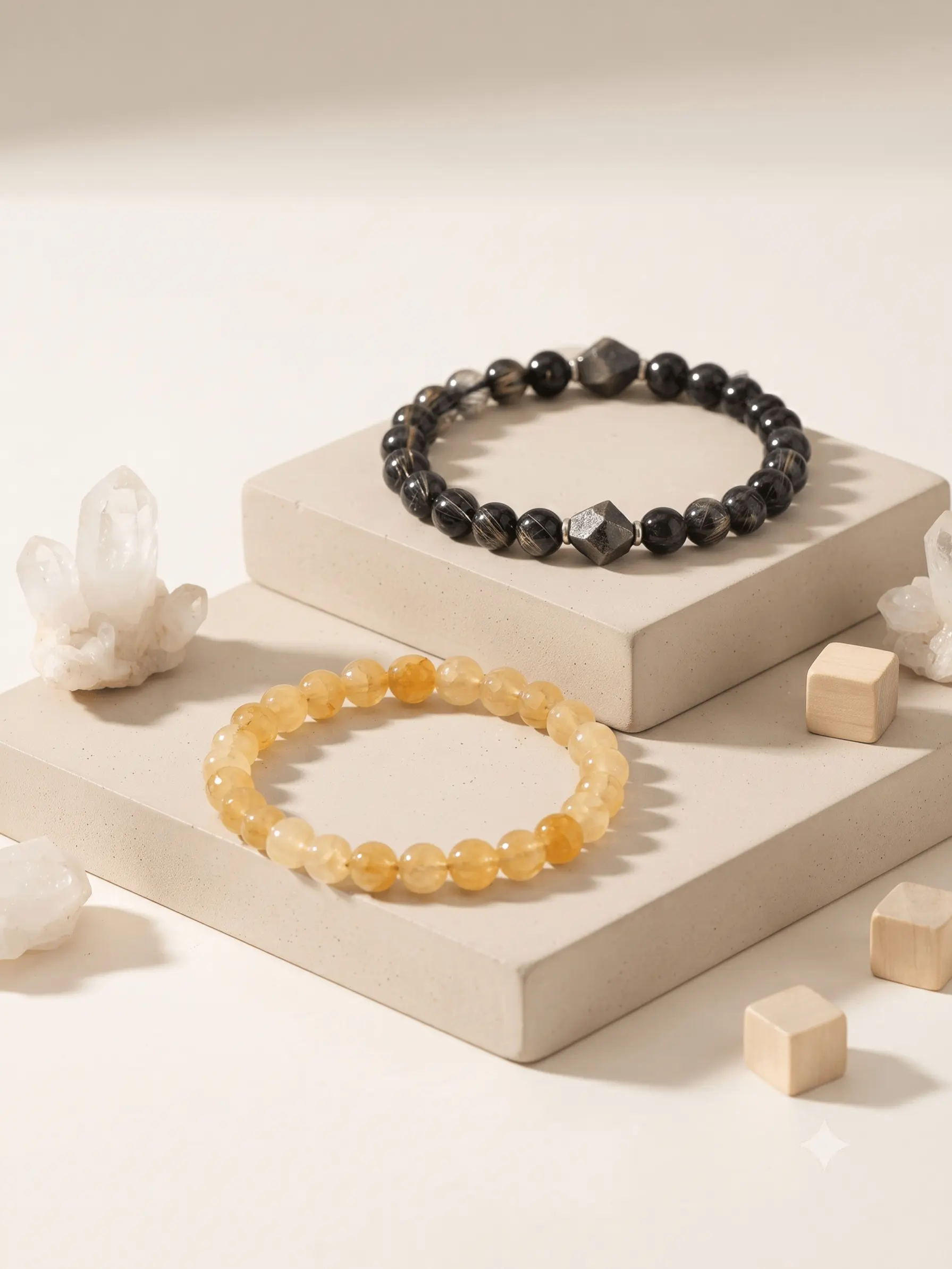 2Pcs Natural Crystal Bracelet Set, Rutilated Quartz & Black Tourmaline Pyrite Beaded Bracelet, Wealth Protection Healing Energy Crystal Jewelry, Neutral Minimalist Spiritual Accessory, Men Women Daily Wear Gift