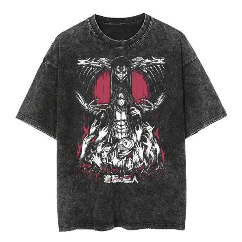 Men's Washed Short-Sleeve Relaxed Fit T-Shirt, Breathable Casual Classic Attack On Titan Graphic Anime Retro Streetwear Tee, Cargo, Cotton, Day, Fabric, Loose, Matching, Menswear, Shortsleeve, Top