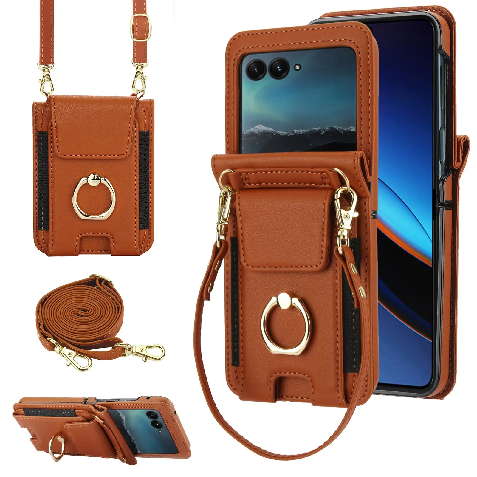 PU Leather Phone Case for Motorola Moto Razr 70 60 50 40 Ultra Wallet Cover with 360° Ring Stand Crossbody Wrist Strap Lanyard Credit Card Holder Slot, Soft Phone Cover Compatible with Moto Razr 2026/2025/2024/2023 for Women Girls