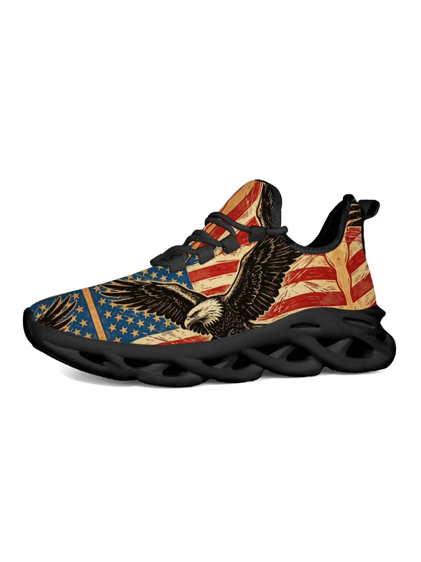 Vintage American Eagle Flag Sneakers, Patriotic Street Style, Distressed Usa Flag Print, Bald Eagle Design, Cushioned Sole, Independence Day Shoes