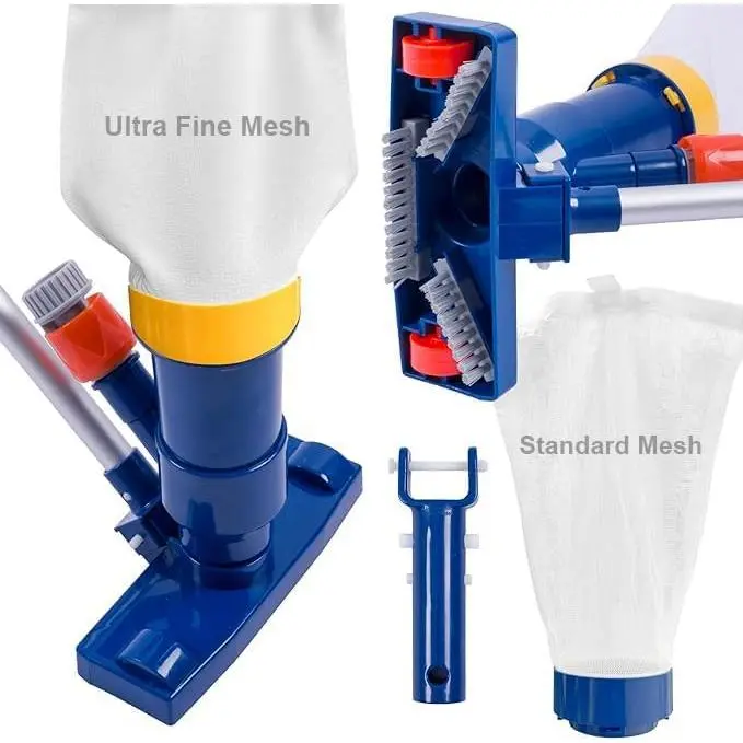 Manual Pool Vacuum with Double Fine Mesh Bags & 56"  Pole | Handheld Pool Vacuum Jet, Hose- Vacuum Includes Ultra Fine & Standard Mesh Bags, Bottom Brushes & Wheels for  Pool