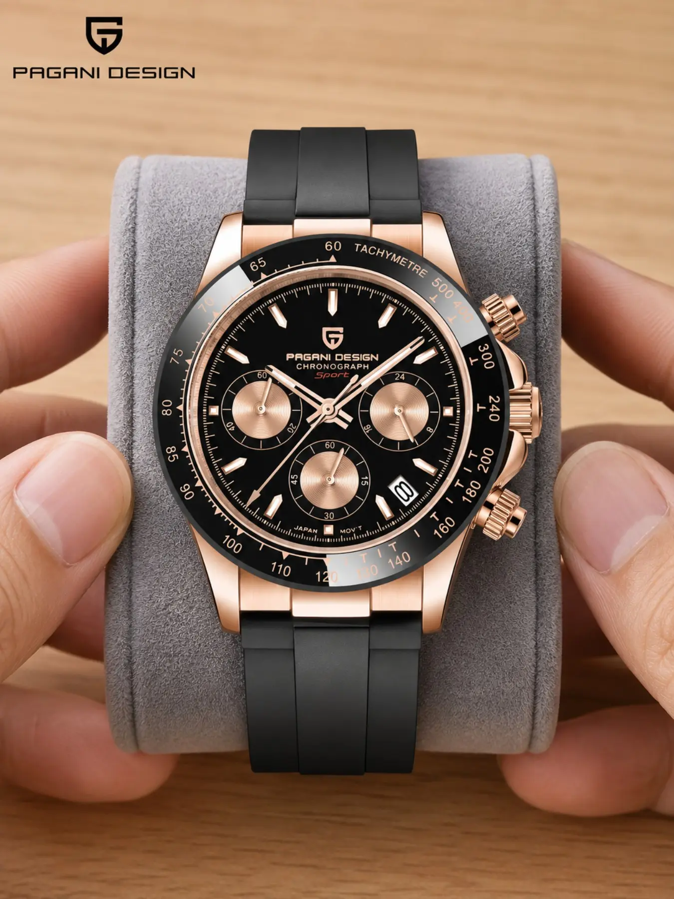PAGANI DESIGN PD-1664 2026 New Men’s Quartz Chronograph Watch, 40mm Rose Gold-Tone Stainless Steel Case, Japan VK63 Movement, Synthetic Sapphire Crystal, Water Resistant, Black Rubber Strap, Retro Sports Wristwatch
