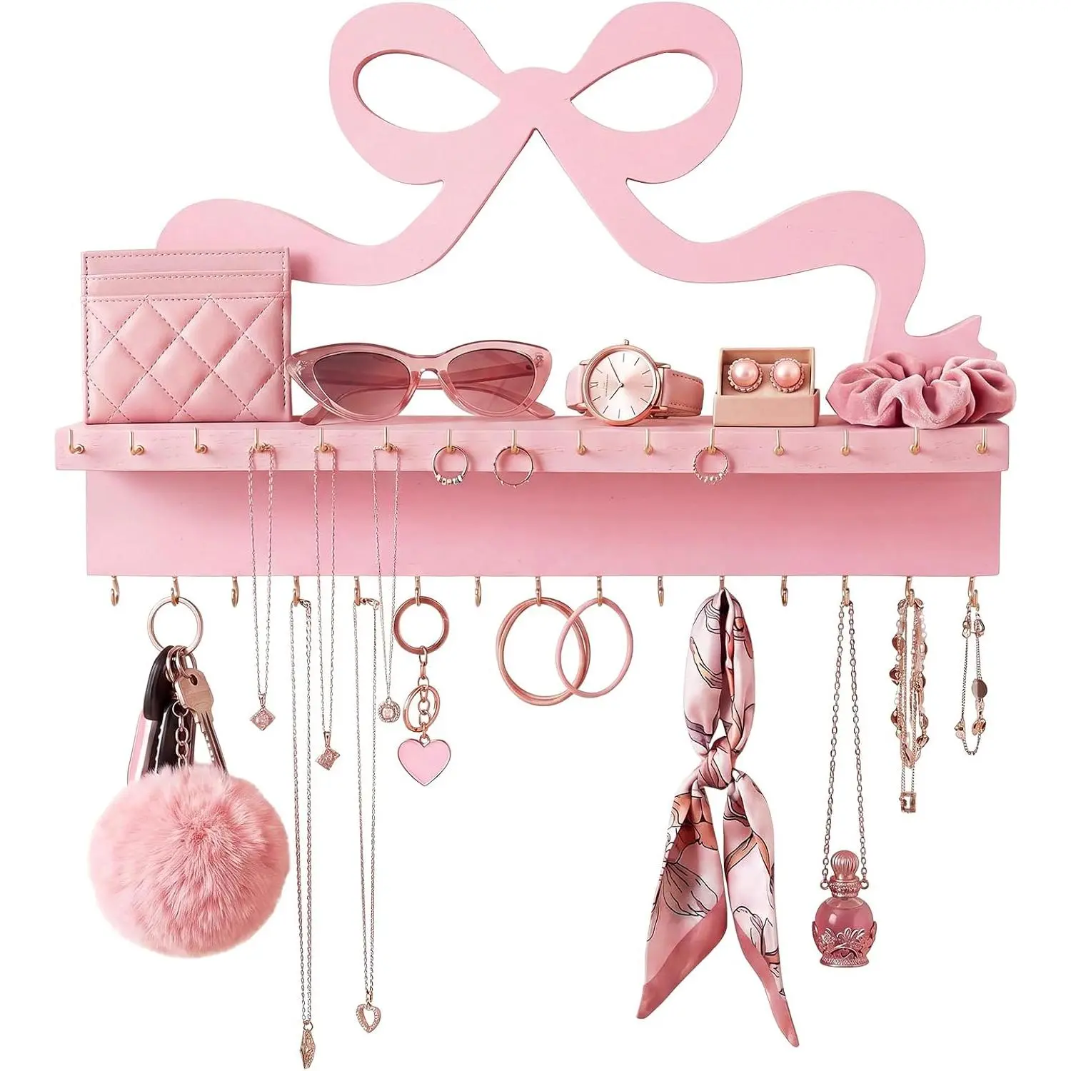 Novabright Wall Mounted Wooden Jewelry Organizer with Shelf, Pink Bow Wall Necklace Holder with 30 Hooks, Cute Coquette Jewelry Hanger Storage Rack for Necklaces Bracelets Rings Pink Room Decor