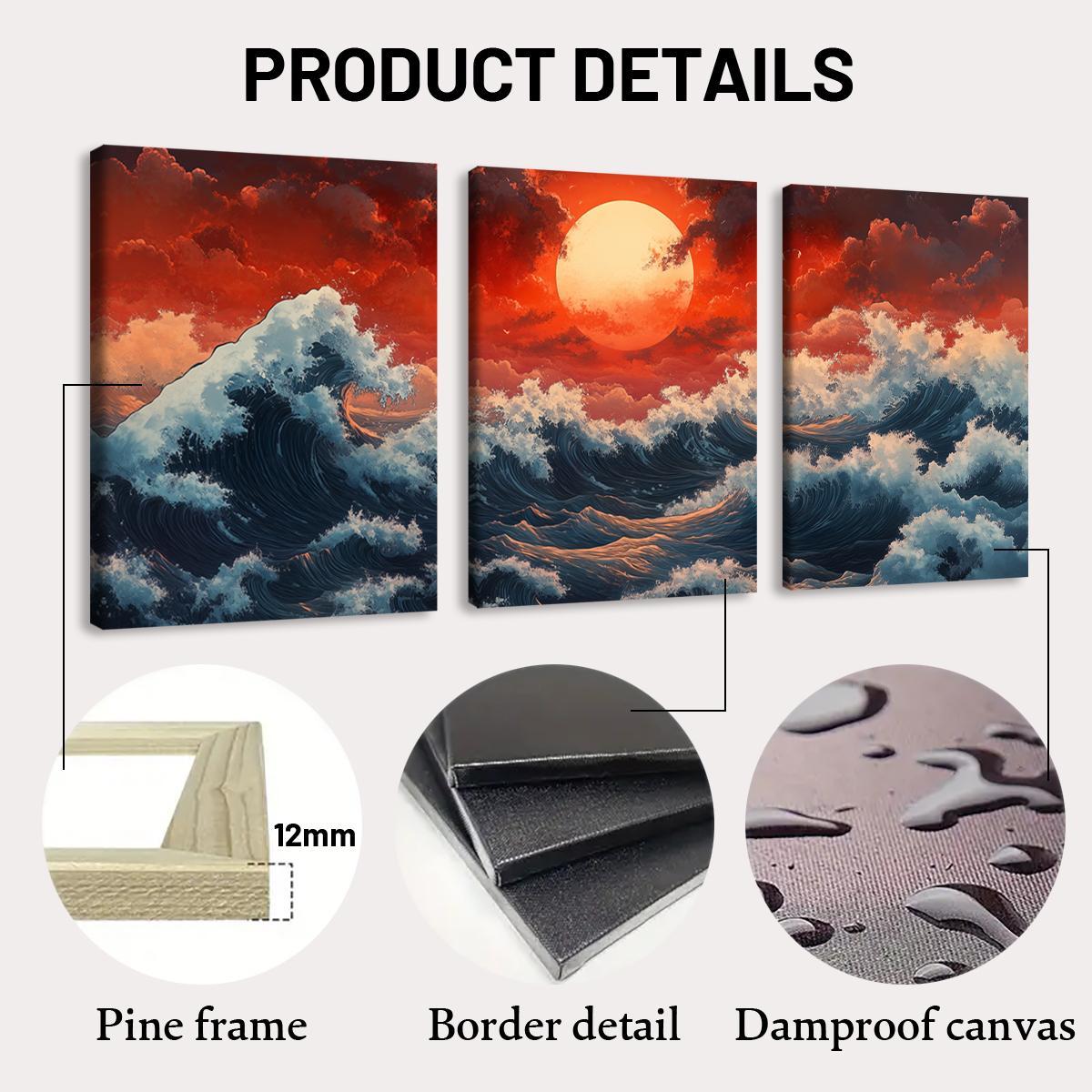 Wooden Framed Canvas Painting, Photo on Canvas, 3 Counts/set Ocean Wave Landscape Decoration, Natural Landscape Art, Perfect Living Room Decoration, Modern Art, Sunrise Print Pattern, Vibrant Print, Poster