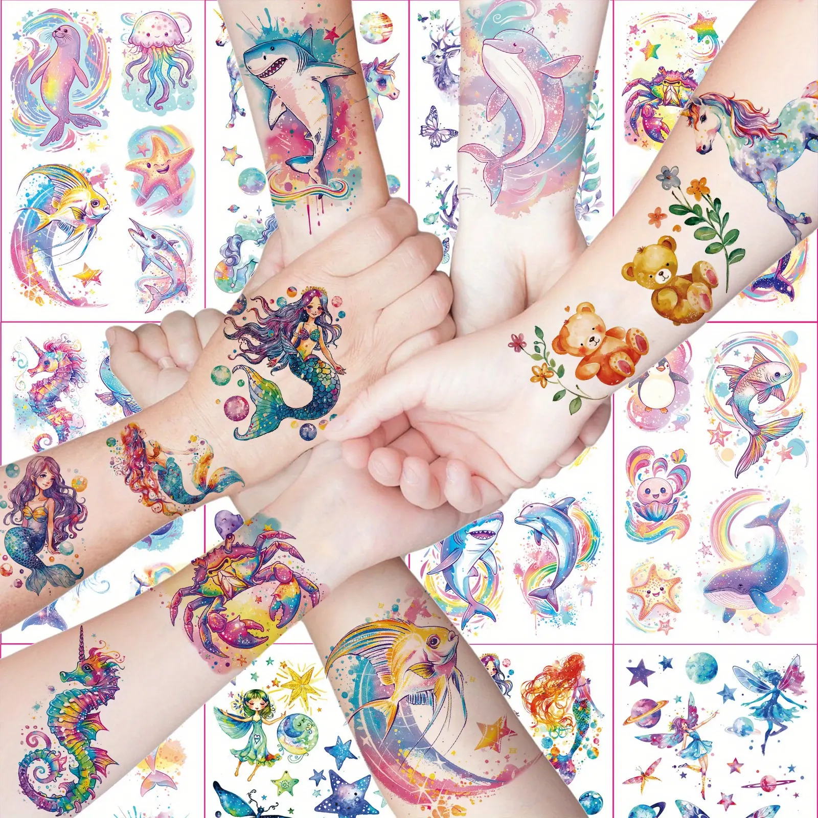 12pcs Sparkling Marine Creatures Shark Deer Mermaid Unicorn Kids Temporary Tattoo Stickers, Cute Design Waterproof Fake Tattoo Stickers