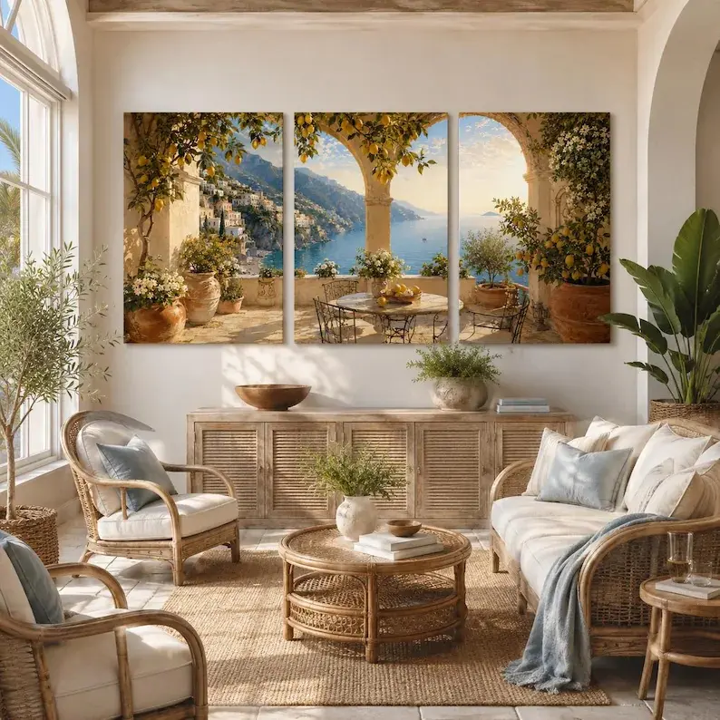 2D Flat Amalfi Coast Lemon Canvas Wall Painting 3-Piece Set, Italian Coastal Triptych, Mediterranean Home Decor, Suitable for Restaurant & Kitchen Artwork