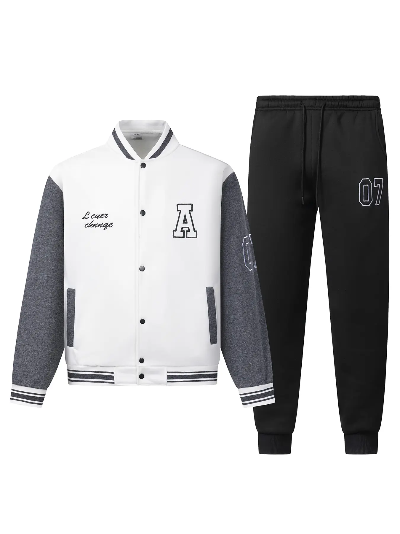 Men's Colorblock Raglan Baseball Jacket Set, Letter a Embroidery, 07 Print Cuffed Sweatpants, American Casual Sports