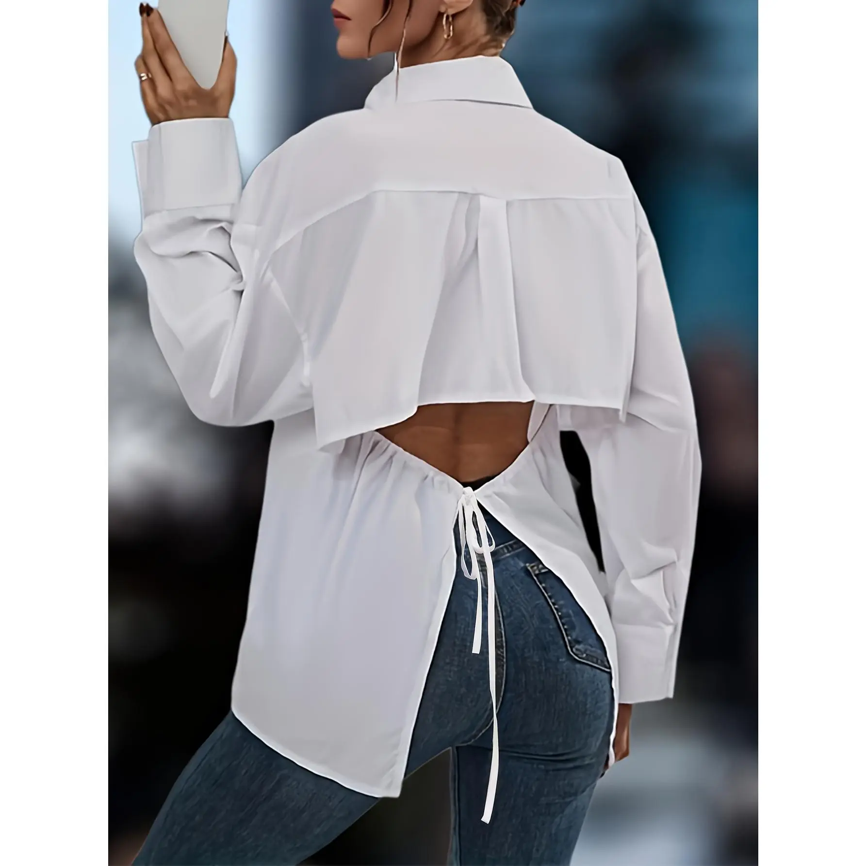 Women's Elegant Backless Tie-Back Long Sleeve Woven Blouse - 100% Polyester Fabric, Solid Color, Machine Washable, Do Not Dry Clean, Date Night Top, Dolman Sleeve, Babydoll Style, 100% Polyester Blouses & Shirts, Backless Tie-Back Blouses & Shirts