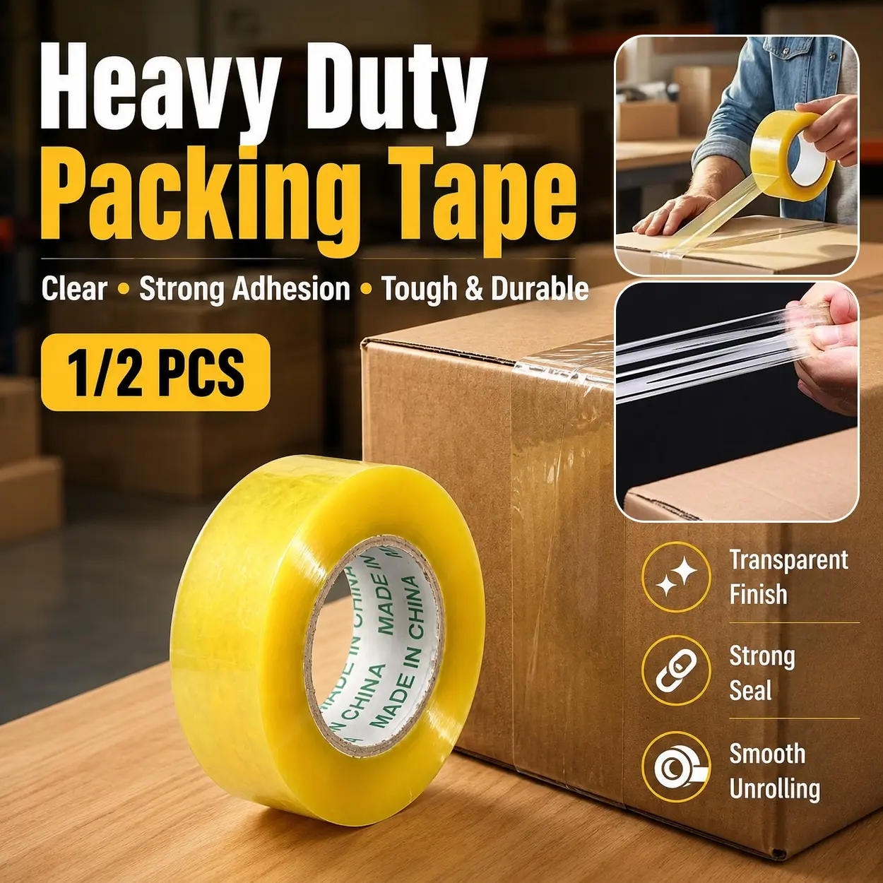 Clear Packing Tape Roll, Extra Strong Adhesive Transparent Sealing Tape for Moving and Shipping Boxes, Thick Durable Packaging Tape with Weatherproof and Tear Resistant Features, Ideal for Home Storage, Office Supplies, Business Packaging, Warehouse