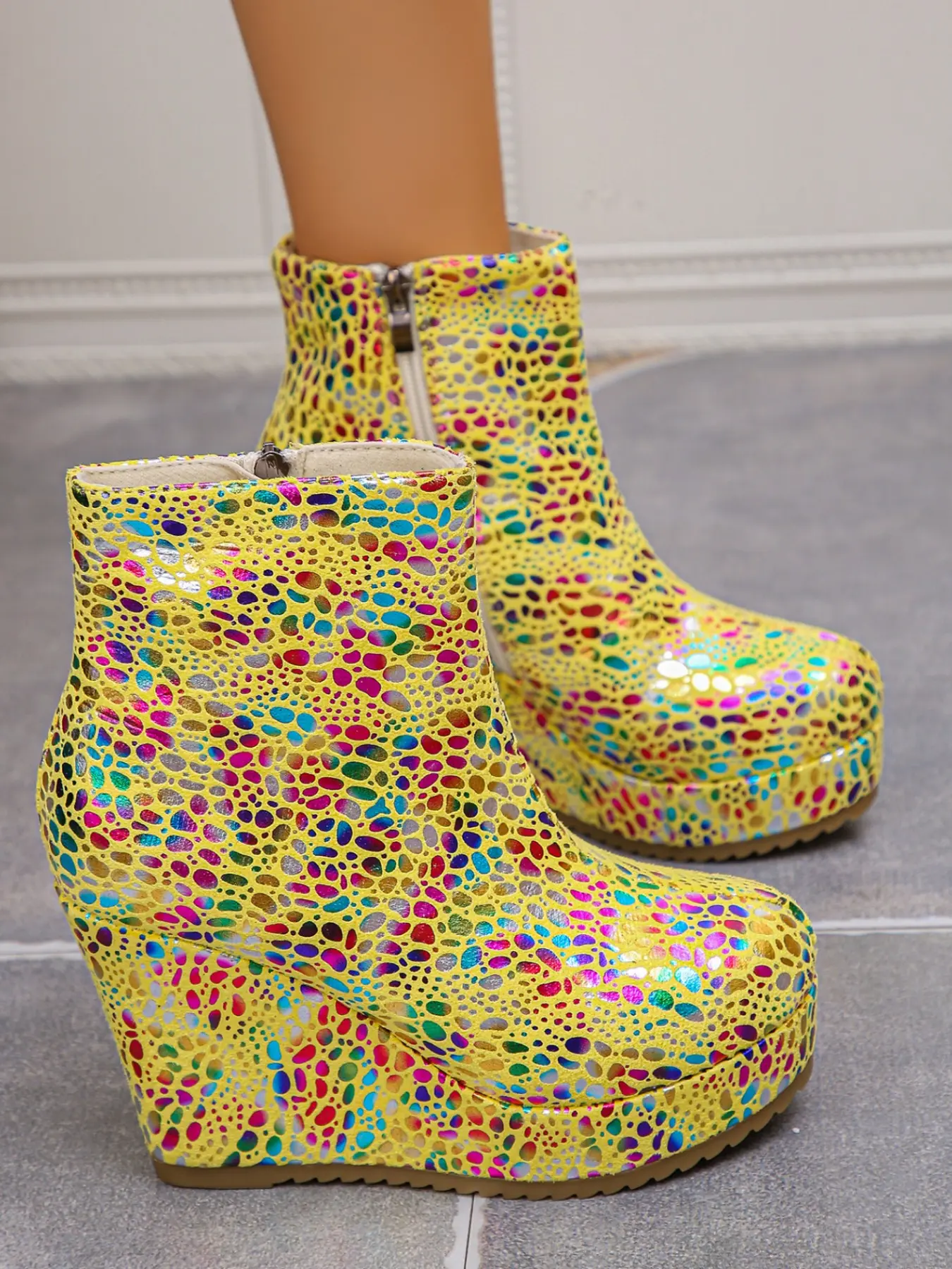 Women's New Laser Rainbow Rhinestone Cracked Heel Short Boots, Thick Sole Waterproof Platform High Heel Round Toe Side Zip Ankle Boot, Party Fashion Shoes