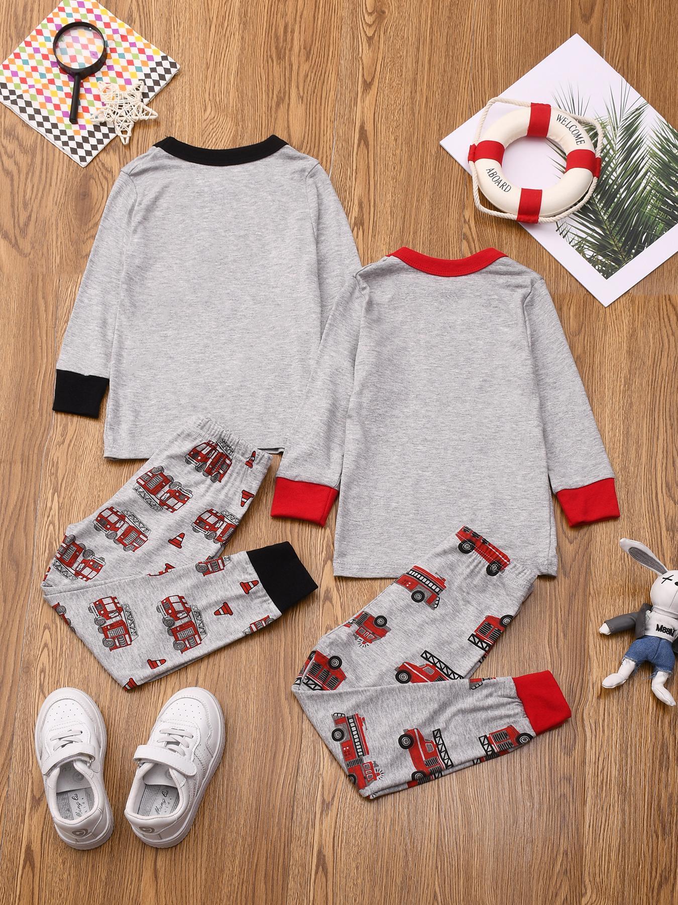 Boy's Fire Truck Print Top & Pants Loungewear Set, Casual Comfy Round Neck Long Sleeve Top & Trousers Pj Set, Boys Sleepwear for Fall, Pajama Sets, Pajamas, Pajama Outfit, Pyjama