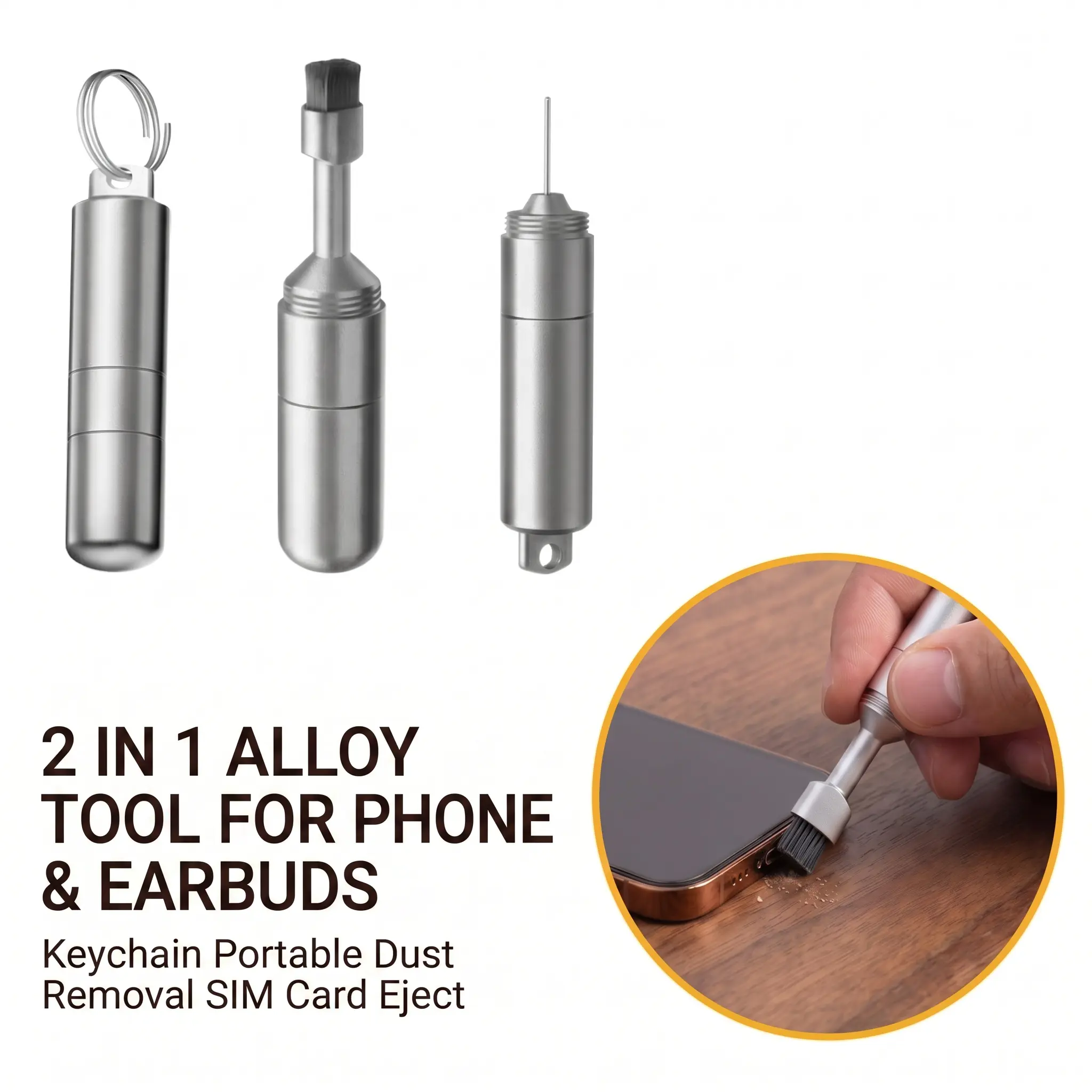 2-in-1 Compact Brush & Standard Ejection Pin SIM Card Tray Removal Tool, Portable Keychain Design Versatile Tool for Mobile Cellphone Accessories-YY0