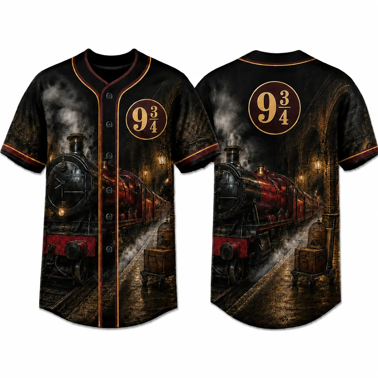 Harry Potter Hogwarts Express Baseball Jersey, Platform 9 3/4 All Over Print Button Down Short Sleeve Unisex Shirt, Wizarding World Train Graphic Game Day Streetwear Top