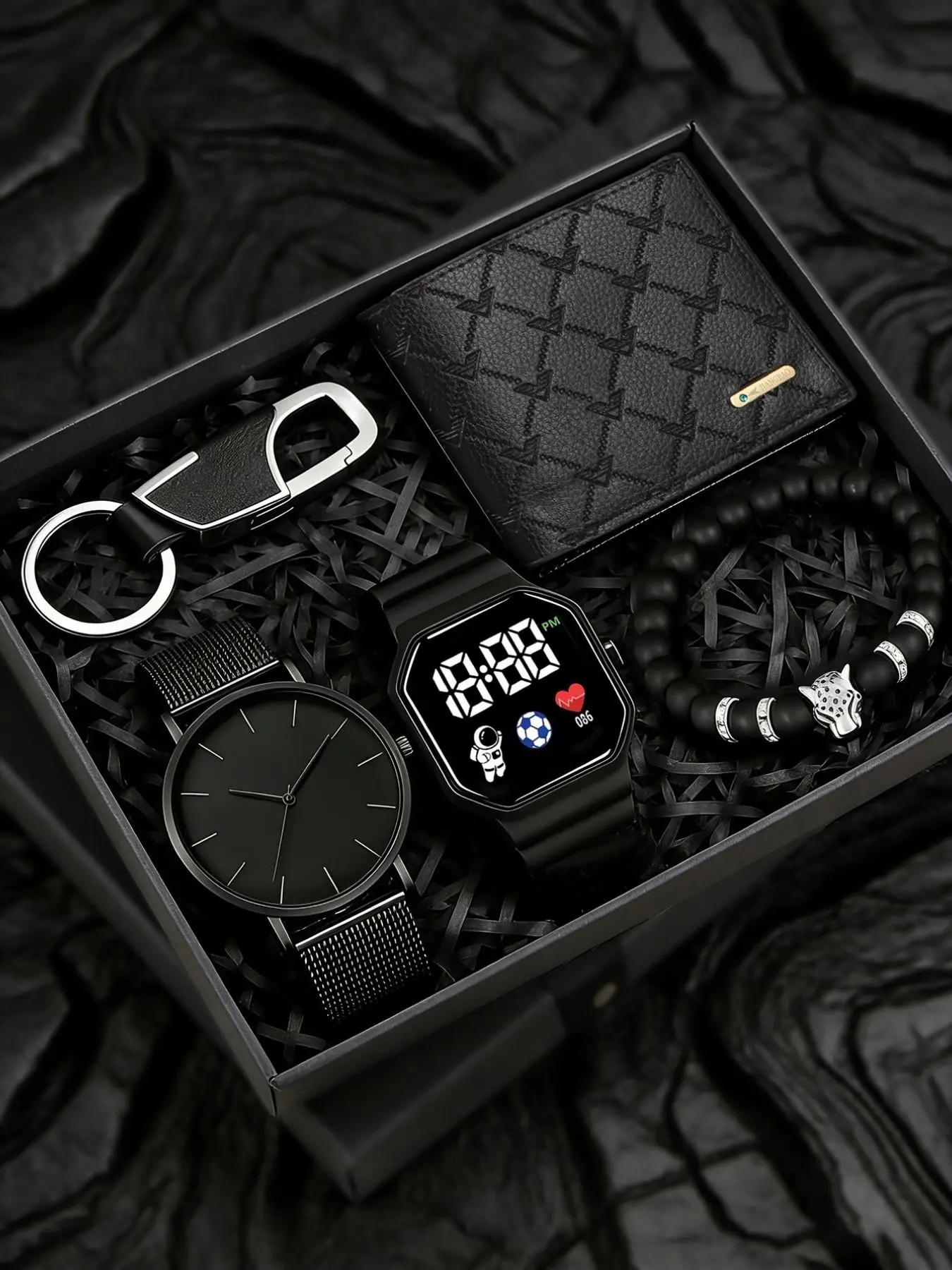 5-Piece Men's Watch Gift Set, Ultra-Thin Quartz, LED Digital, Leopard Bead Bracelet, Luxury Keychain, Leather Wallet, Perfect for Father's Day, Valentine's Day