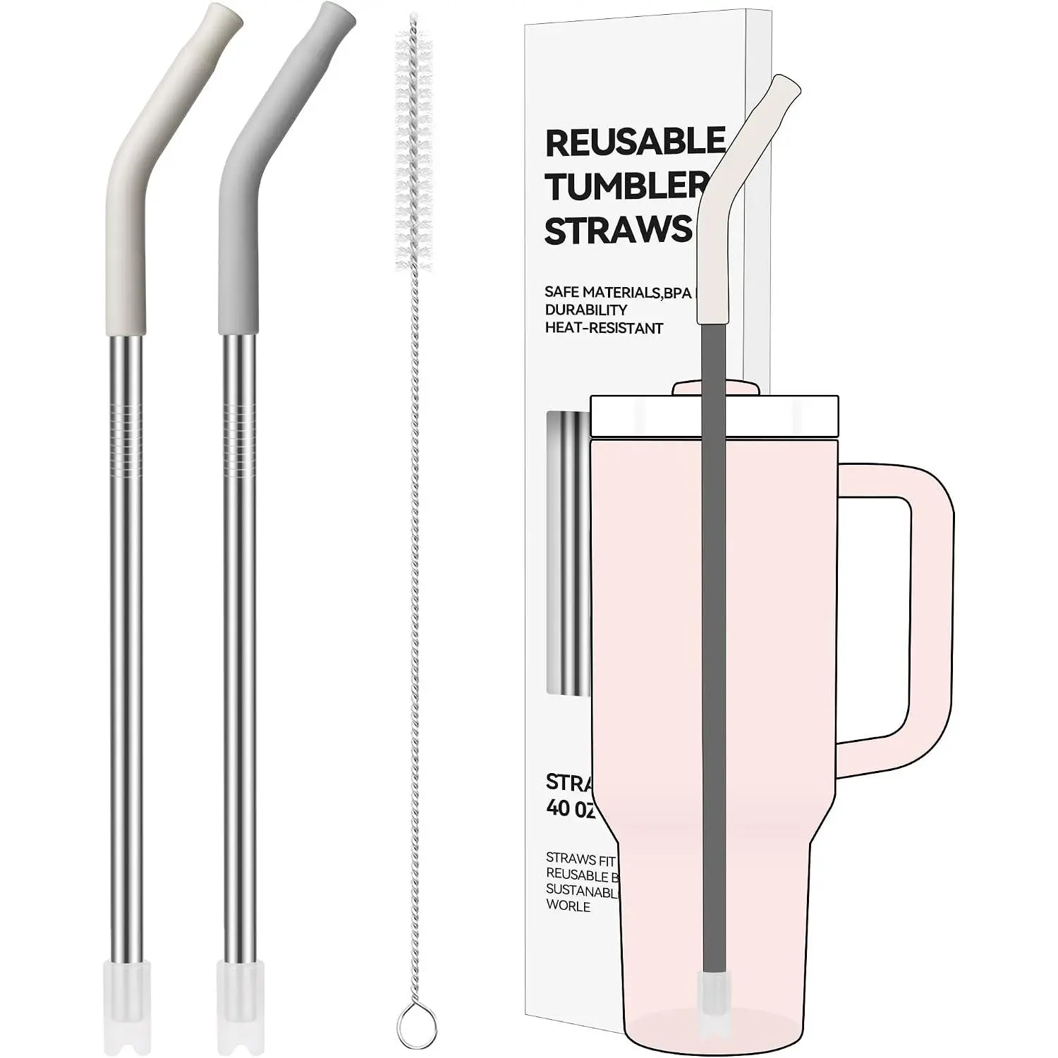 2 count 40oz Metal Straws for  40oz Cup & 64oz Jugs | Extra-Long Stainless Steel Straws with Removable  Tips, Fits Large Tumblers &  Mugs