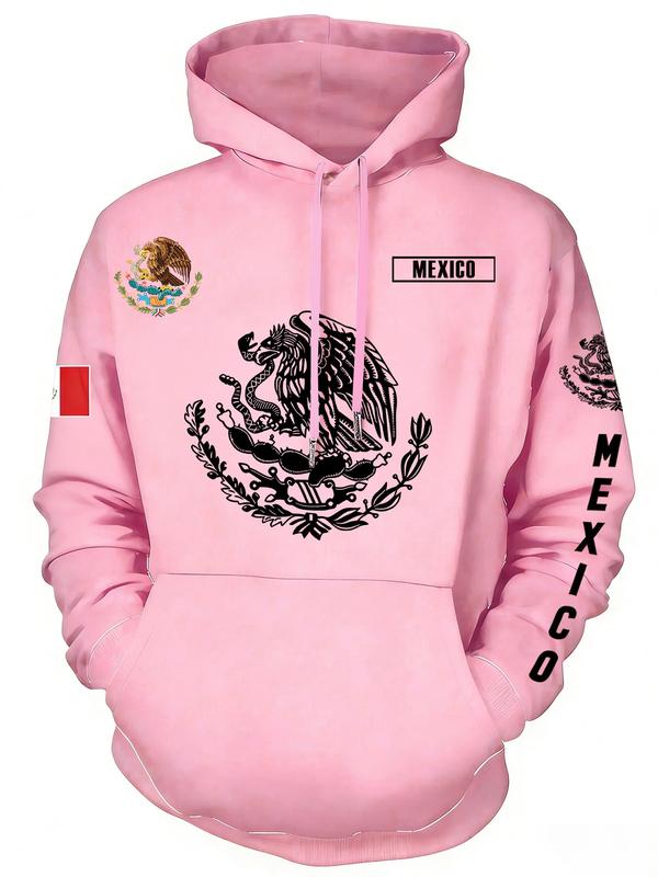 Mexican Cultural Pride Print Hoodie, National Pride Printing, Casual Fitted Design, Long Sleeve, Drawstring Pockets, Fall & Winter