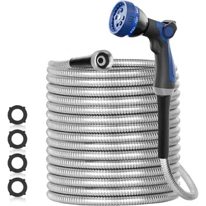 50FT Metal Garden Hose Stainless Steel Water Hose No Kink Lightweight Flexible with Spray Nozzle Silver