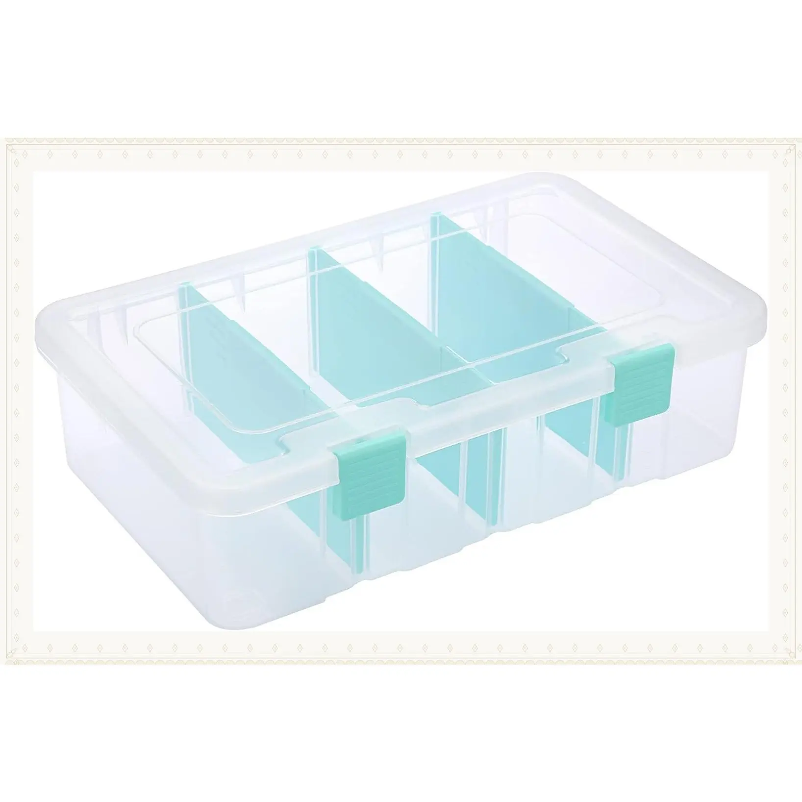 Clear Plastic Dividing Storage Box with 4 Compartments Adjustable Storage Bin with Lid Plastic Craft Storage Container Multipurpose Sewing Box Art Supply Organizer, 13.3x8.1x3.4 Inches BlueGift