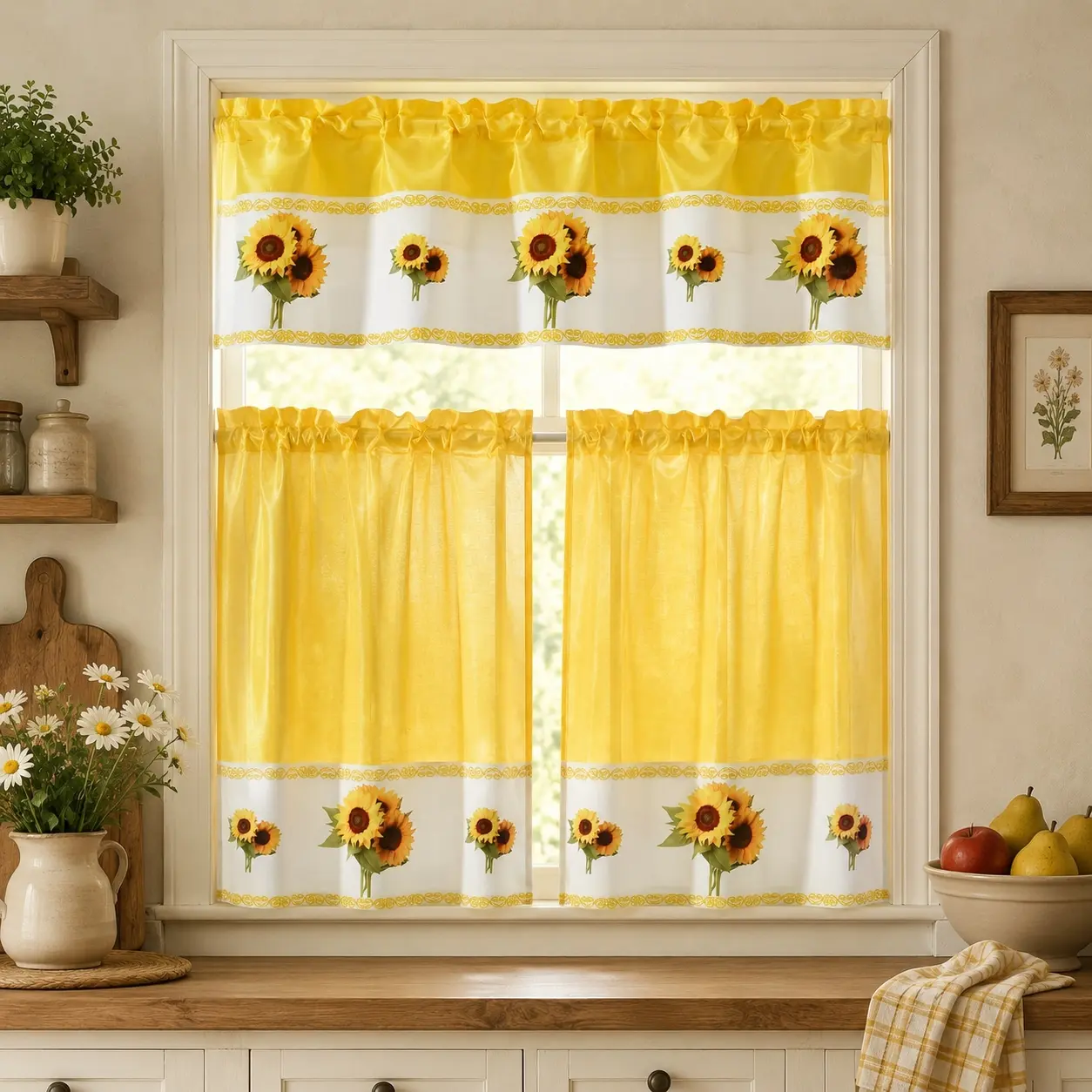 Sunflower Bouquet 3-Piece Kitchen Curtain Set - Digital Fabric Print Valance, Cafe Tiers, Faux Dupioni Floral Patch Slub Texture Drapes, Machine Washable, Durable, Dustproof, Non-Customised for Small Windows, Home Decor