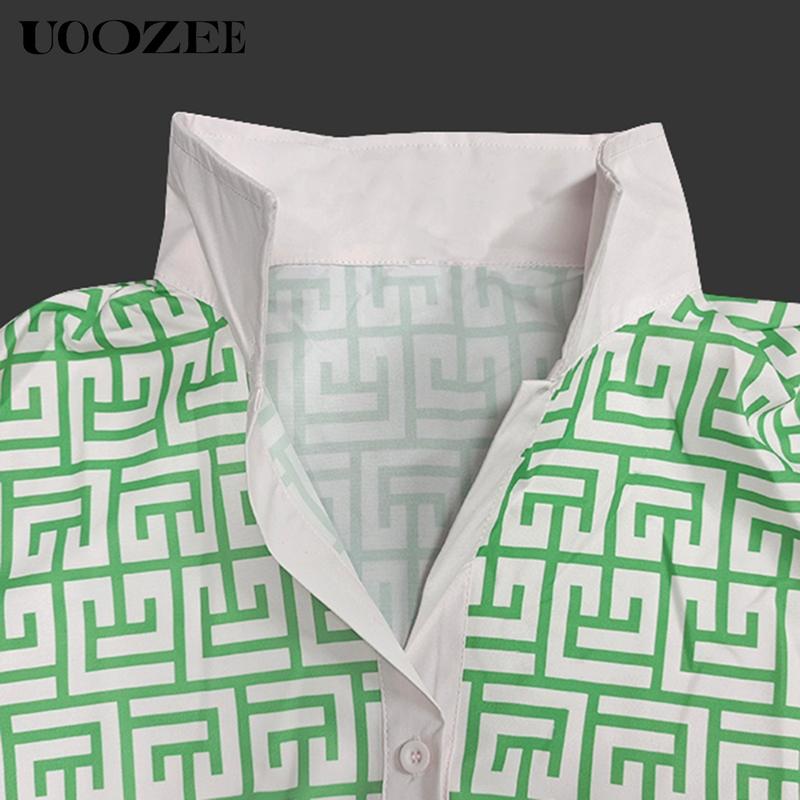 UOOZEE Women's Multicolor Geometric & Printed Lapel Three-Quarter Sleeve Buttoned Collared Mini Dress Casual Summer Shirt Style Stylish Design, No Stretch Daily Multi-Occasion Wear Shirt Mini Dress