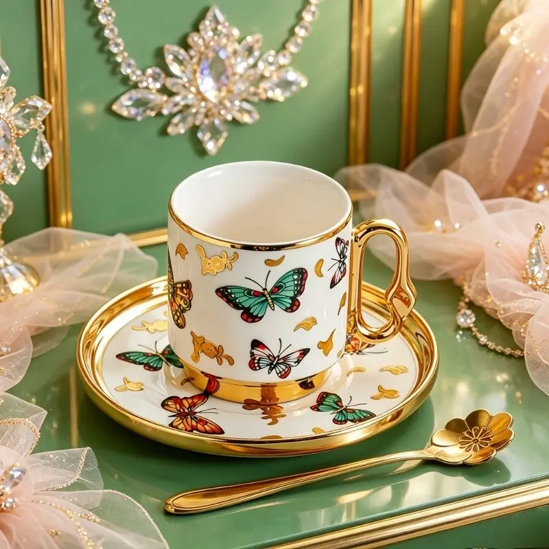 100ml, Ceramic Coffee Mug Set, Ceramic cup *1 + Ceramic saucer *1+ Stainless steel spoon *1, Water cup/coffee cup/tea cup, for home/office/coffee shop, Beverage Cup Set, 3-piece set
