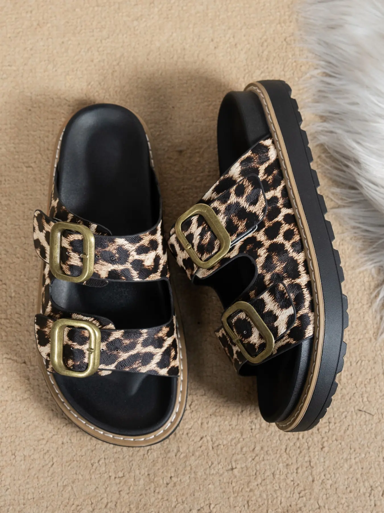 Women Minimal All Over Leopard Print Dual Band Double Adjustable Bronze Buckle Birken Platform Slides Smooth PU Breathable Shock Absorb Textured Tread Thick Sole Summer Travel Street Shoes, 1 Color Leopard Print