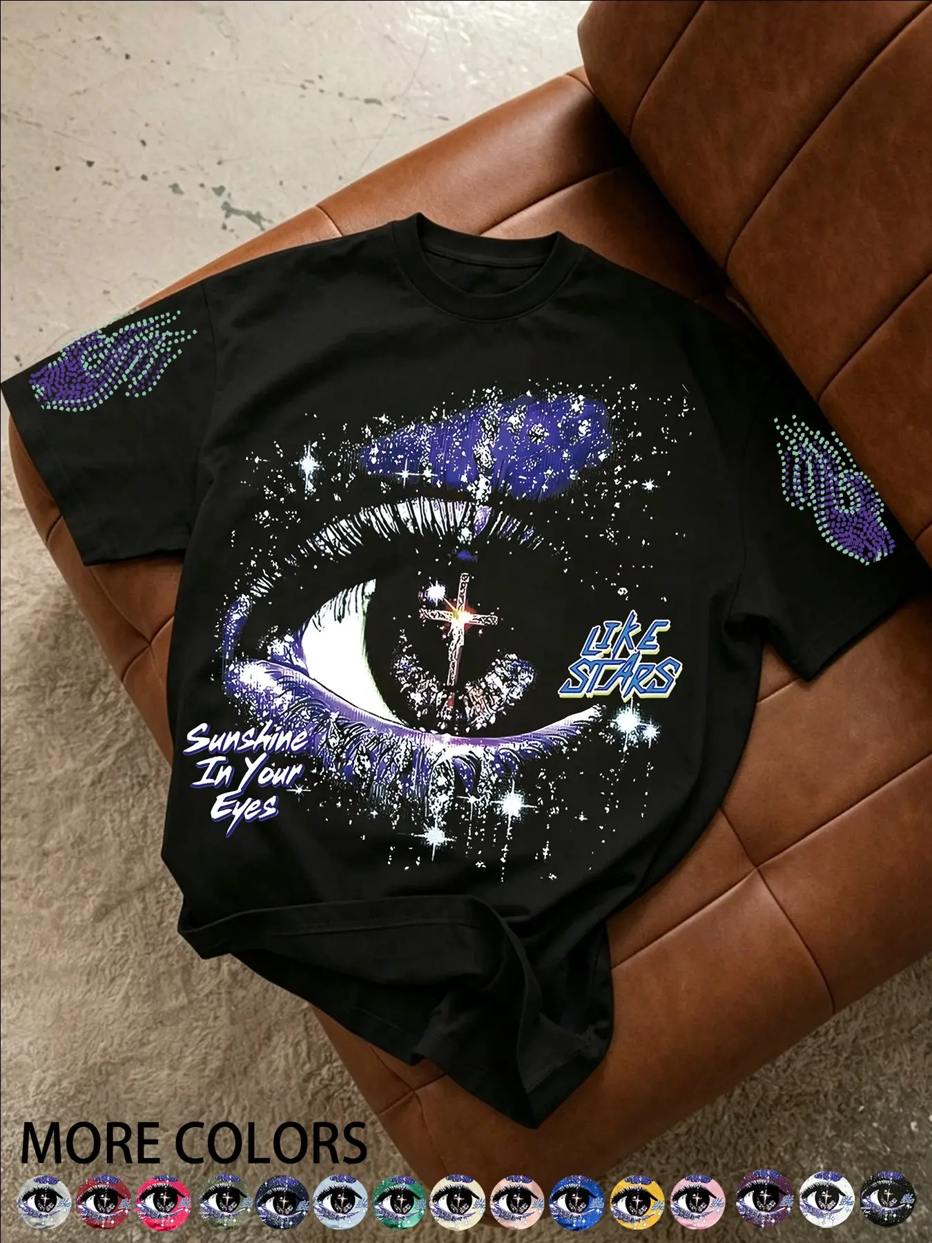 Unisex Street Style Casual Short Sleeve T-Shirt, Trendy Starry Eye Print, Round Neck, Cotton Comfort Fabric, Daily Wear, Y2K Rock Hip Hop Fashion