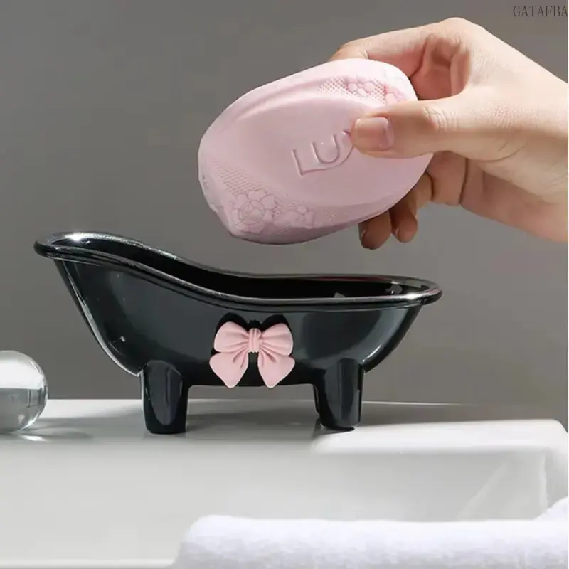 1pc Adorable Bow Tie Soap Box, Creative Bathtub Shaped Soap Dish, Drain Soap Holder for Shower, Bathroom Accessories