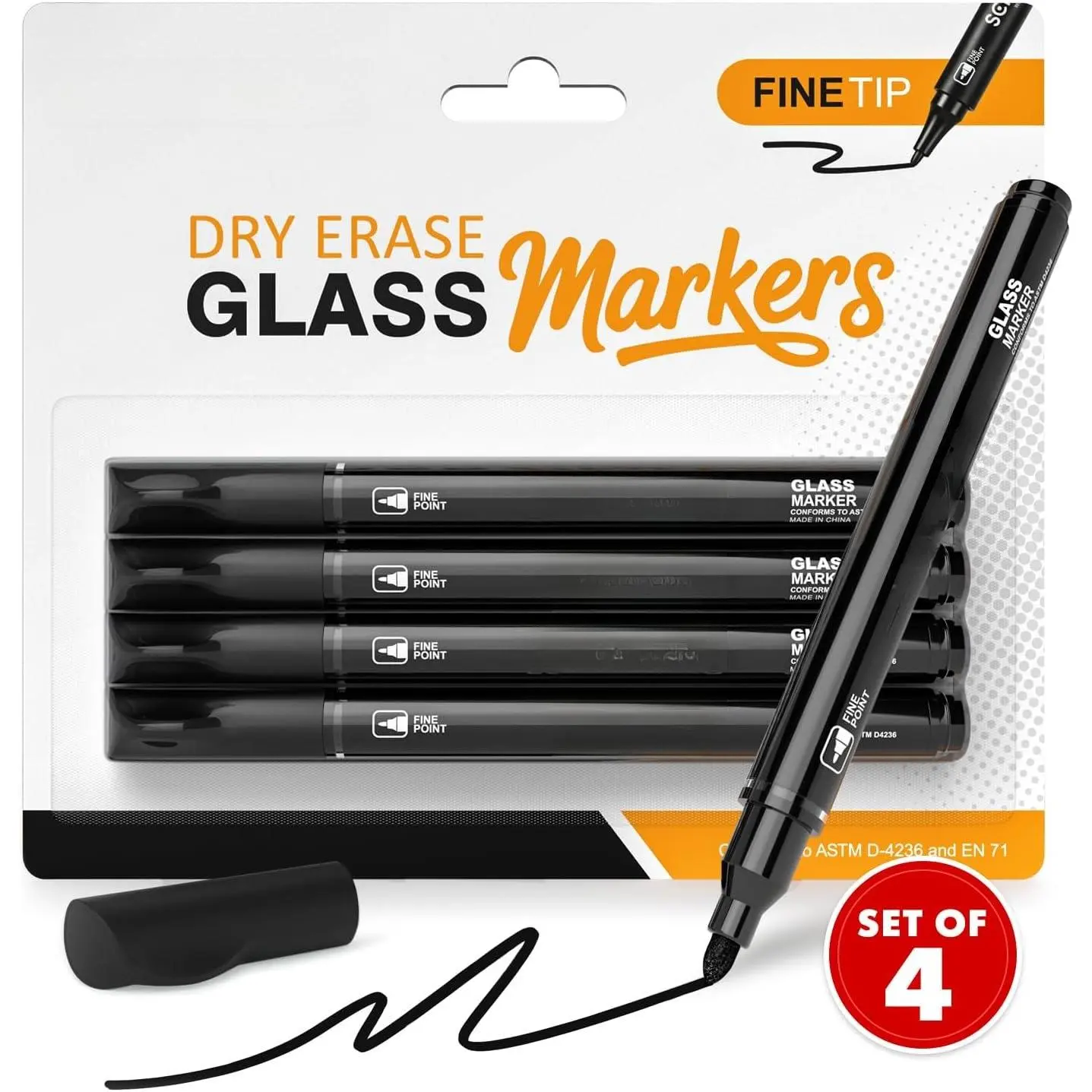 Black Dry Erase Markers for Glass Board & Whiteboard, 4 Pack – Fine Tip Glass Markers Erasable for Mirror, Window & Non-Porous Surfaces Low Odor