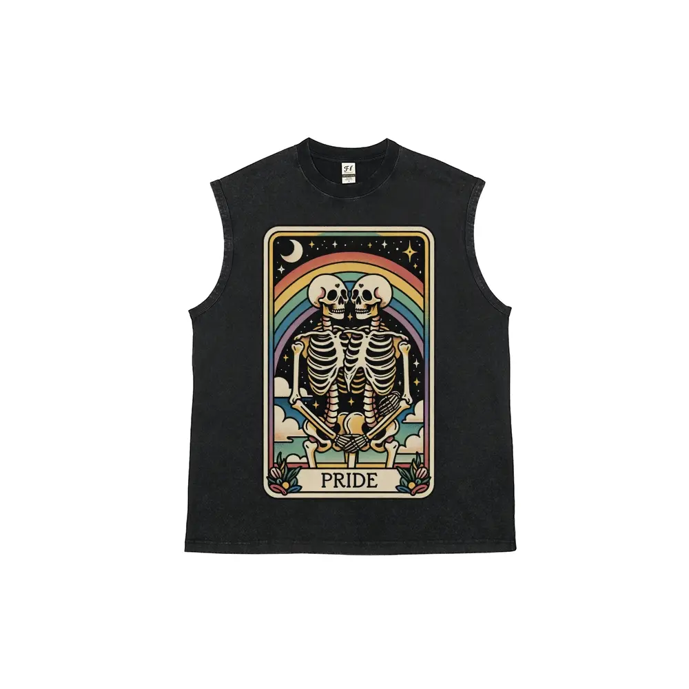Multi Color Vintage Acid Washed Cut Off Sleeveless Tank Top, Pride Tarot Card Two Skeletons Rainbow Love LGBTQ Graphic Muscle Tee, Gothic Queer Festival Casual Streetwear Sleeveless Vest for Men Women Multiple Vintage Washed Color Options