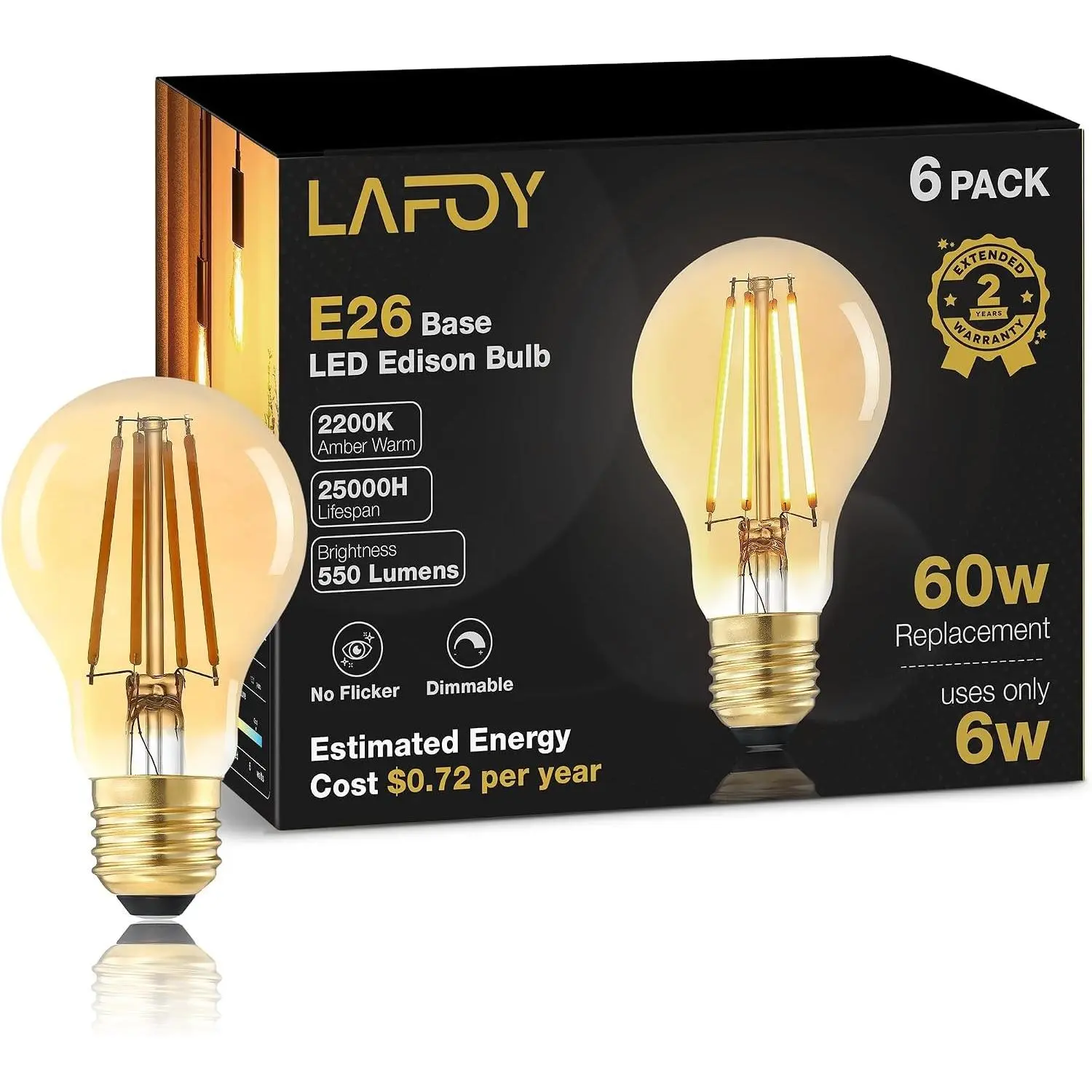 Vintage LED Edison Bulbs 60W Equivalent, Dimmable Amber Glass 2200K Soft Warm, 550 Lumen, Medium Base, 120V, Antique Old-Fashioned Style, 6 PackGift