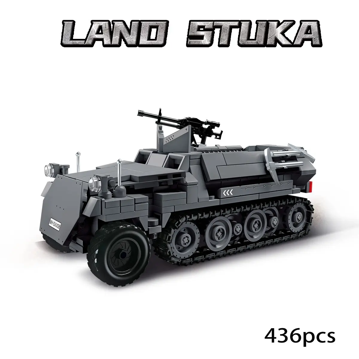 Land Stuka half-tracked armored vehicle building block model, a MOC military building model decoration, an ideal collectible for military enthusiasts, perfect as a birthday gift and for Halloween or Christmas party presents, made from high-quality ABS