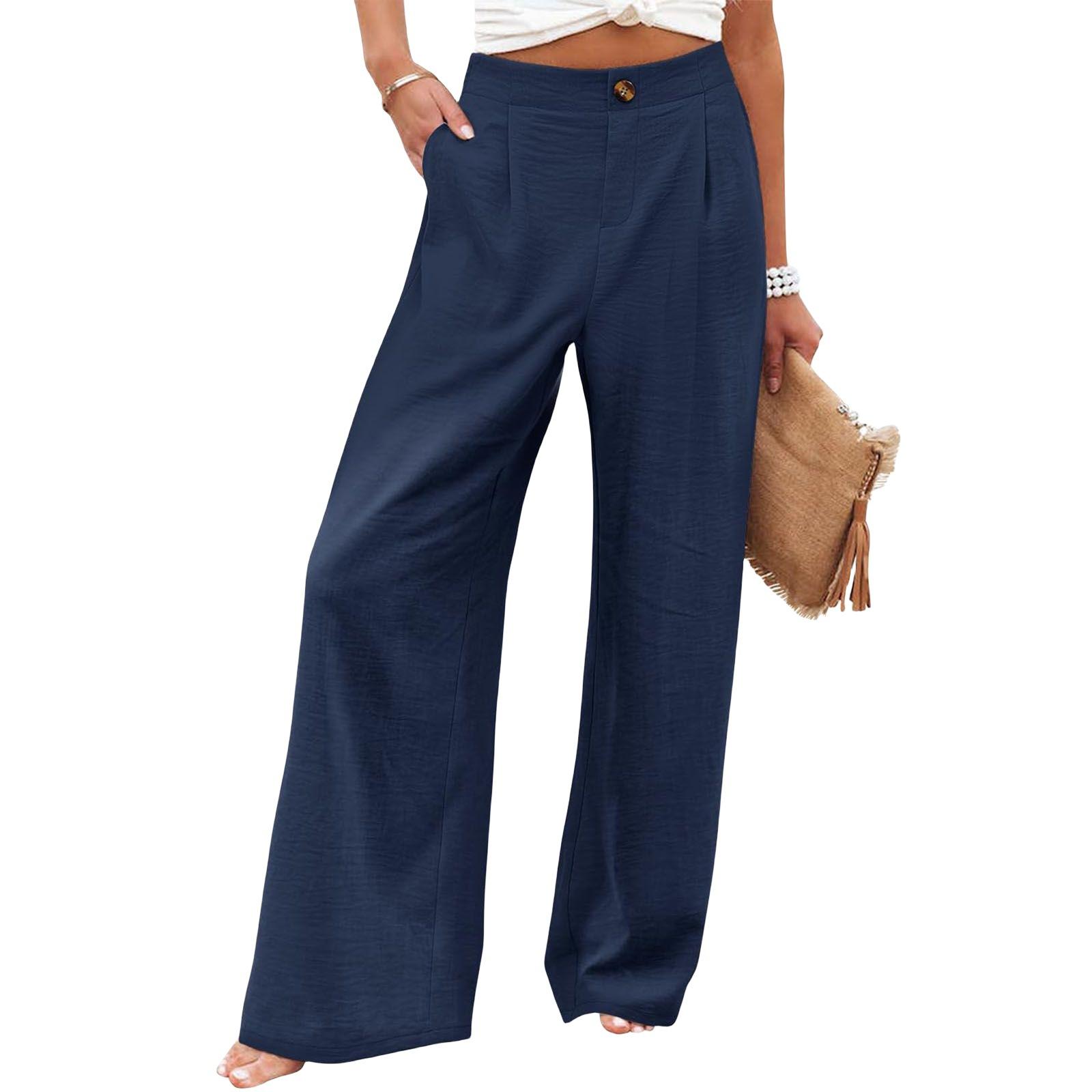 Women's Commuting and Vacation Summer Comfortable High-Waisted Long Pants with Buttons, Elastic Waist, Wide-Leg Casual Straight Pants