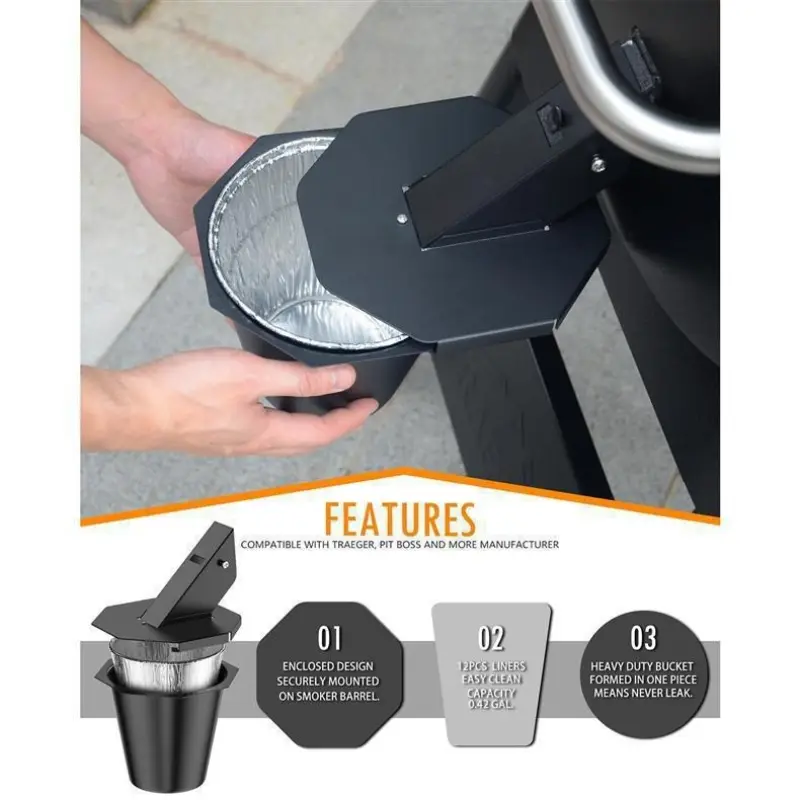 Upgraded Grease Bucket with Lid and 12 Liners, Drip Bucket for Smokers and Grills, Easy-Clean Grease Catcher