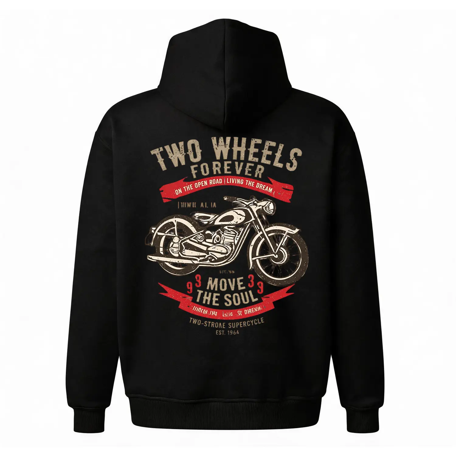 Vintage Motorcycle Graphic Hoodie |   Retro Bike Back Print Sweatshirt |   "Two Wheels Forever" Pullover |   Oversized Unisex Fleece Top |   Biker Aesthetic Hoodie for Men & Women