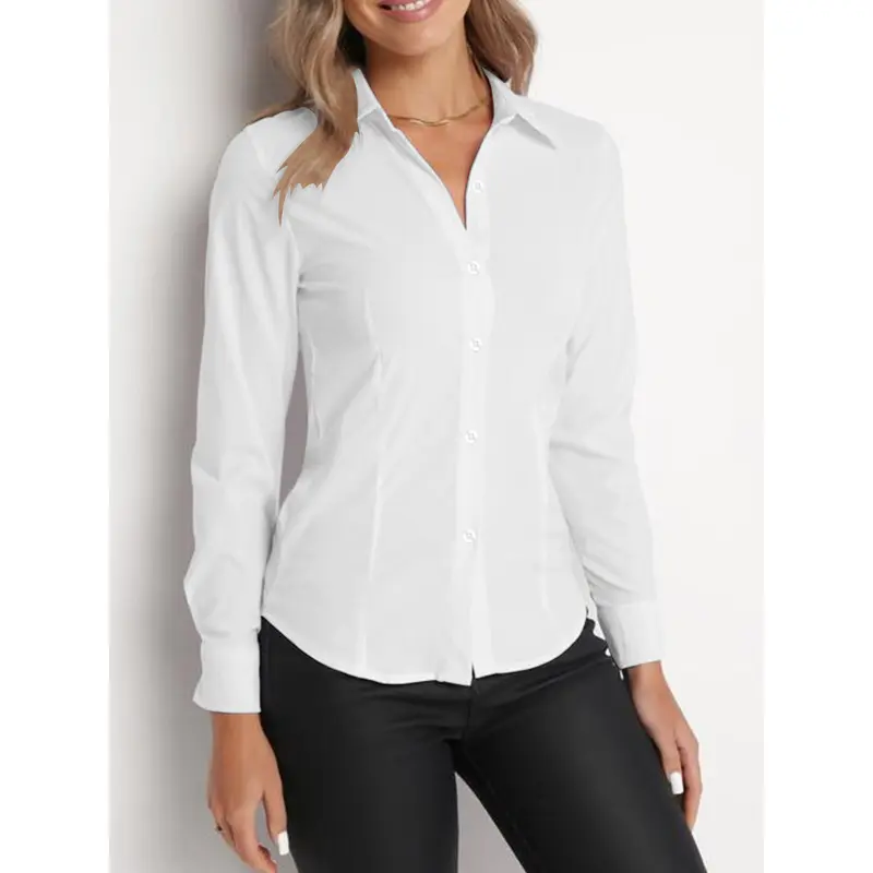Women's Korean Style Lapel Blouse, Solid Long Sleeve Slim Fit Basic Top for Office Business Workwear, Lapel Blouses & Shirts
