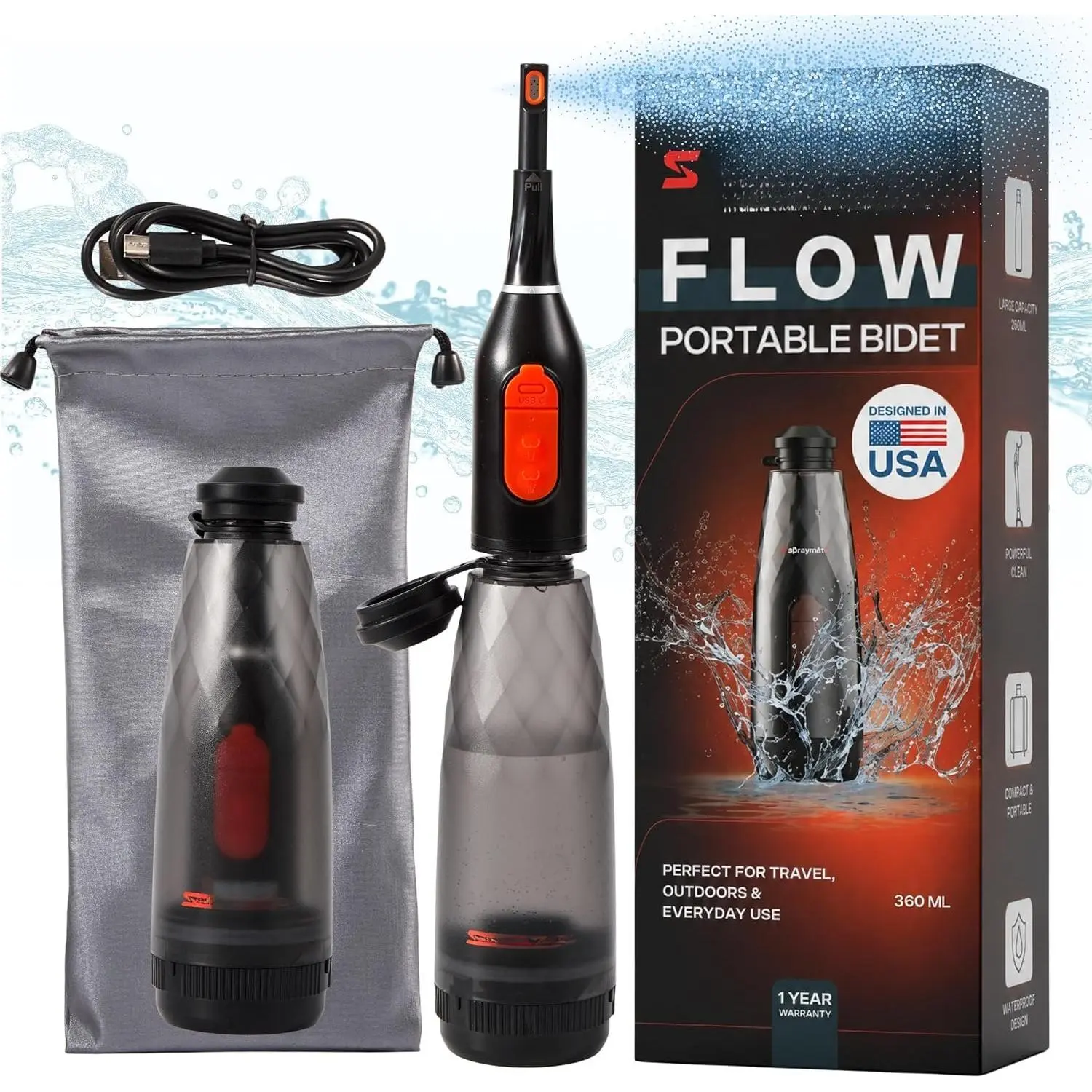 Portable Bidet for Travel & Camping – Electric Gentle  Rechargeable Bidet for Women & Men | 360ML Bottle | 460ML/Min Flow | USB-C | 450mAh  |  Brand –  Mate Flow