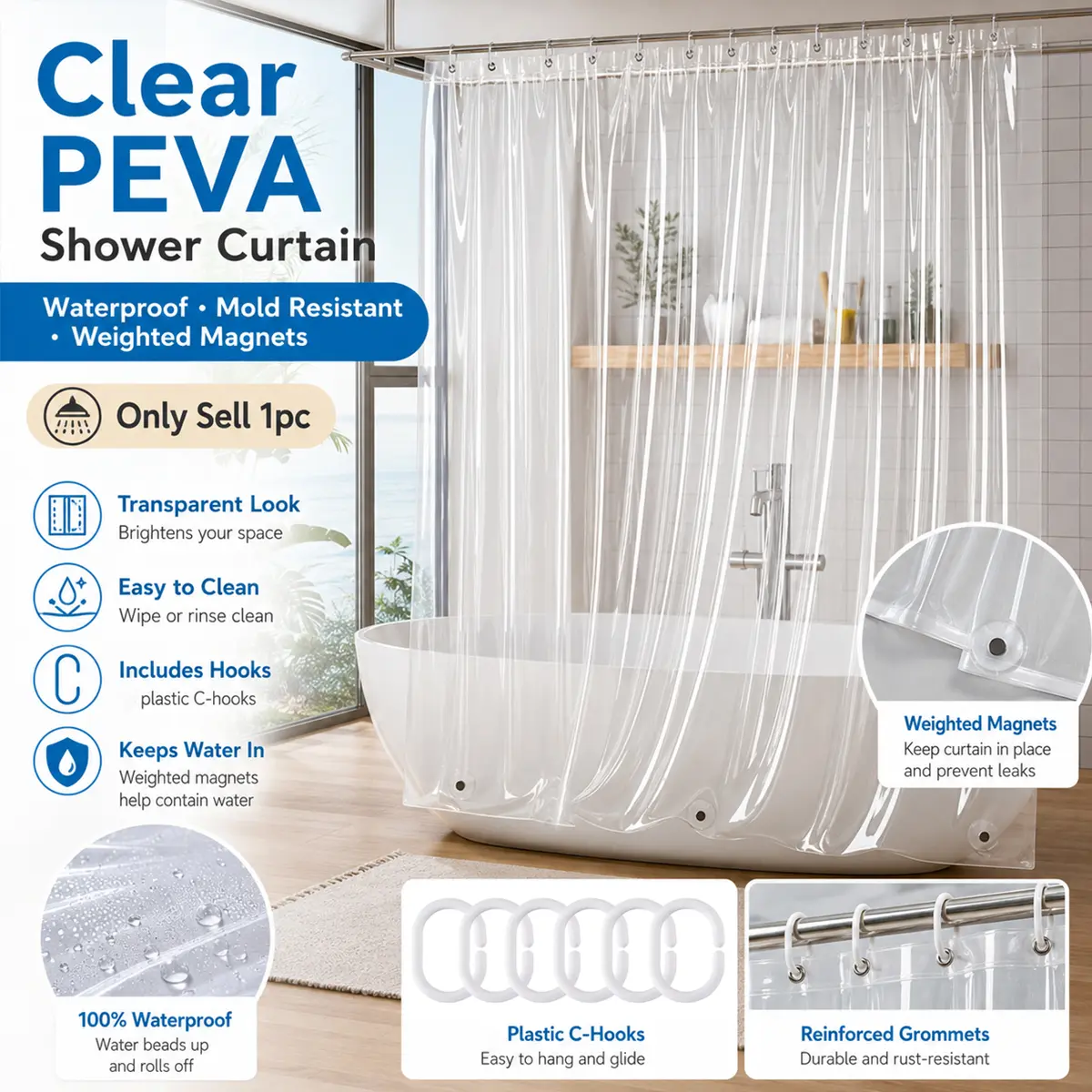 Clear PEVA Shower Curtain Liner, Heavy Duty Transparent 100% Waterproof Bathroom Shower Liner with Weighted Magnets, Mildew Resistant Magnetic Shower Curtain for Bathtub Stall, Hotel Home Bathroom Partition Splash Guard, Quick Dry
