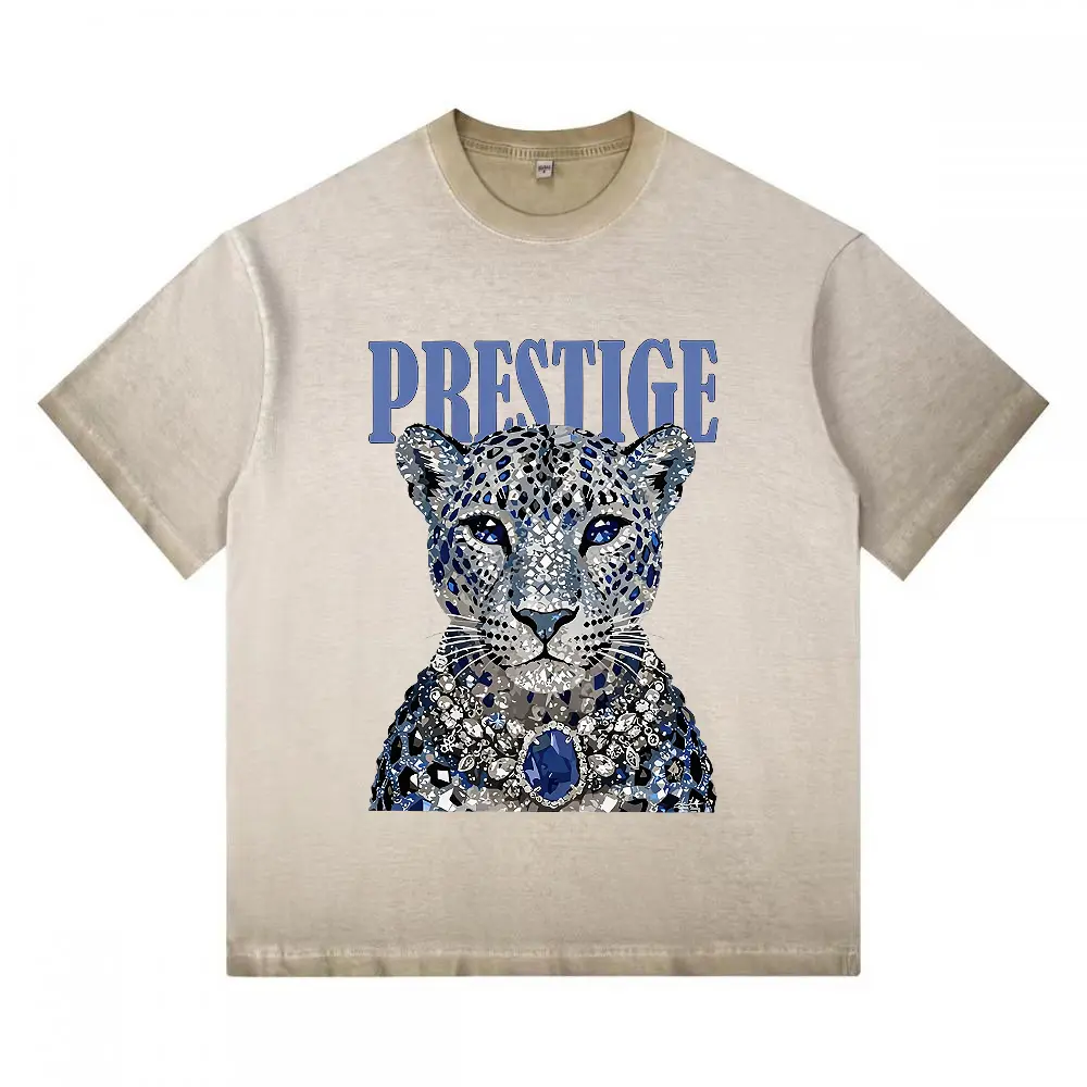 Oversized Graphic T-Shirt with Rhinestone Leopard Detail, Chic Vintage Washed Unisex Hip Hop Streetwear for Club & All Seasons, Basic, Graphic Shirts, Cotton, Cute