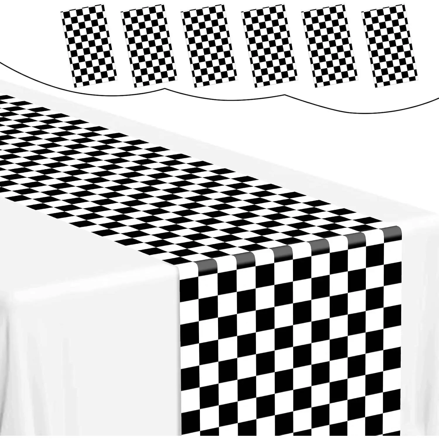 6 Pcs Checkered Table Runner 14x108 Inch Plastic Racetrack Road Race Car Table Cloth Disposable Black and White Tablecloth for Two Fast Racing Theme Birthday Party Decorations Events SuppliesGift