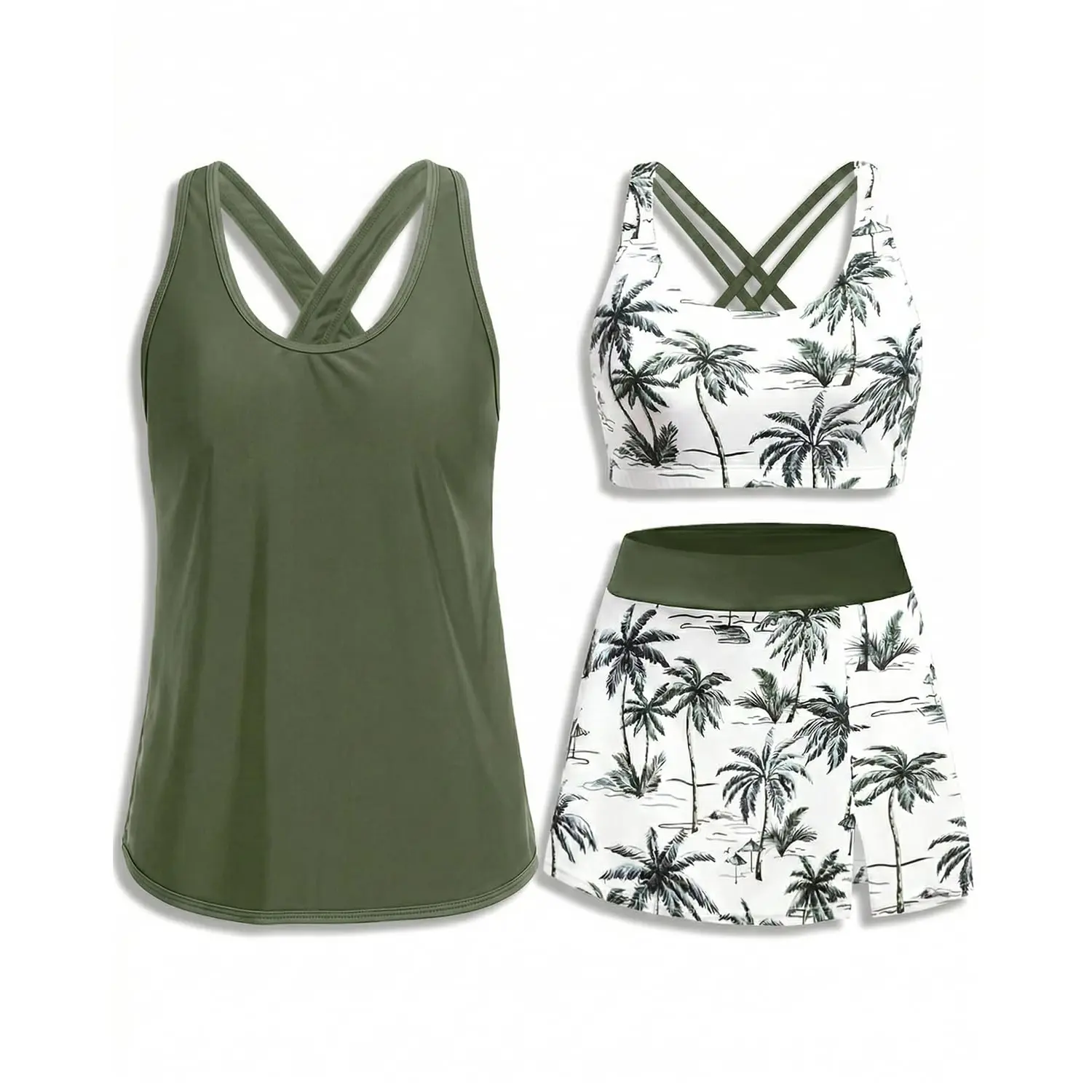 Daci Womens Three Piece Tankini Swimsuits with Skirt - Tummy Control Bathing Suit Swim Tank Top Sport Bra Athletic Swimwear