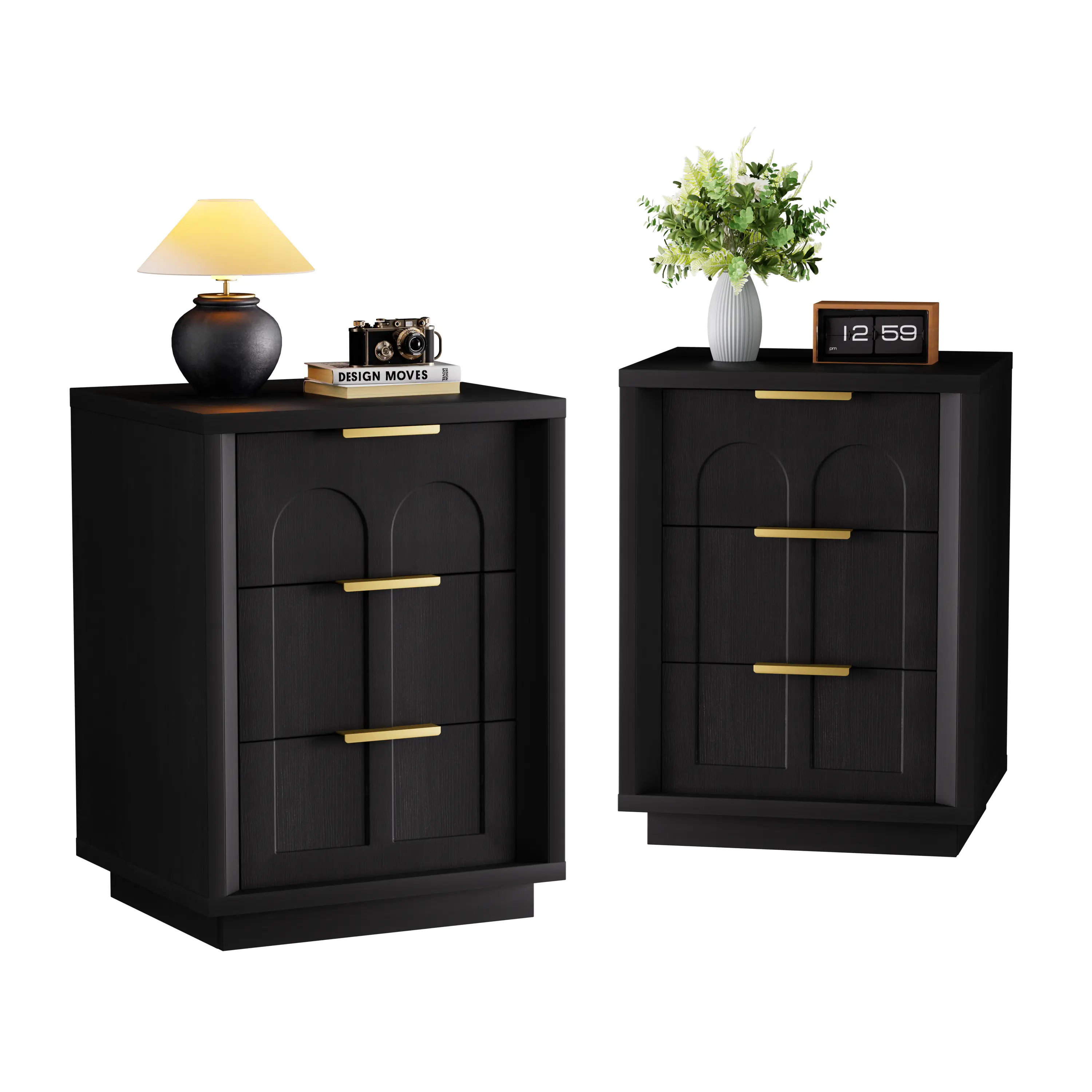 ARCH Two-Piece Nightstand Set with Arched Grooves, Large Side Table with 3 Drawers, Spacious Storage End Table with Metal Handles, Bedroom Living Room Office Furniture, Black, Bedroom Bedside Table for Bedroom, Guest Room, Dorm, Nightstand Storage